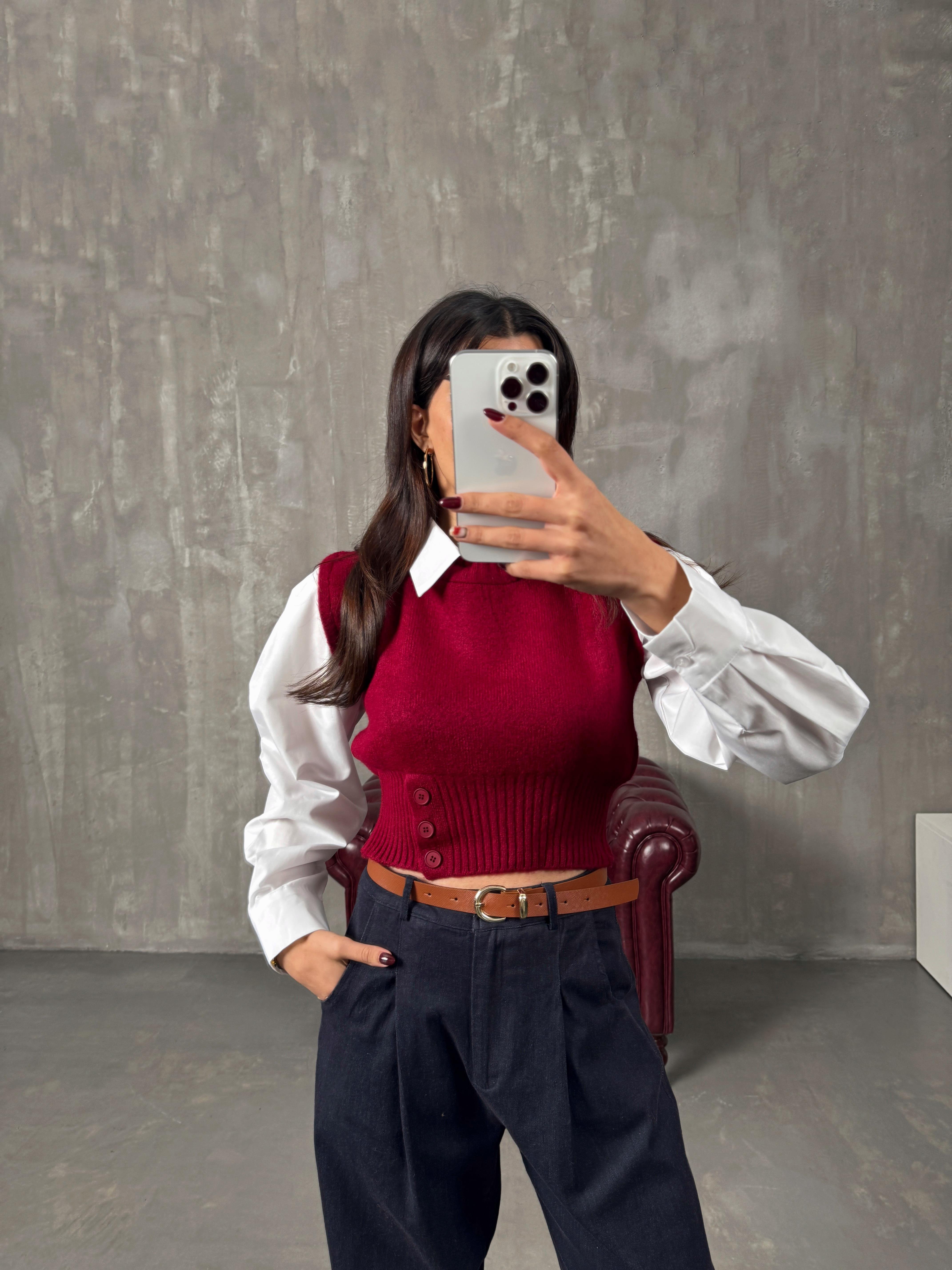 Bels Bordo Gömlek Detaylı Triko Süveter