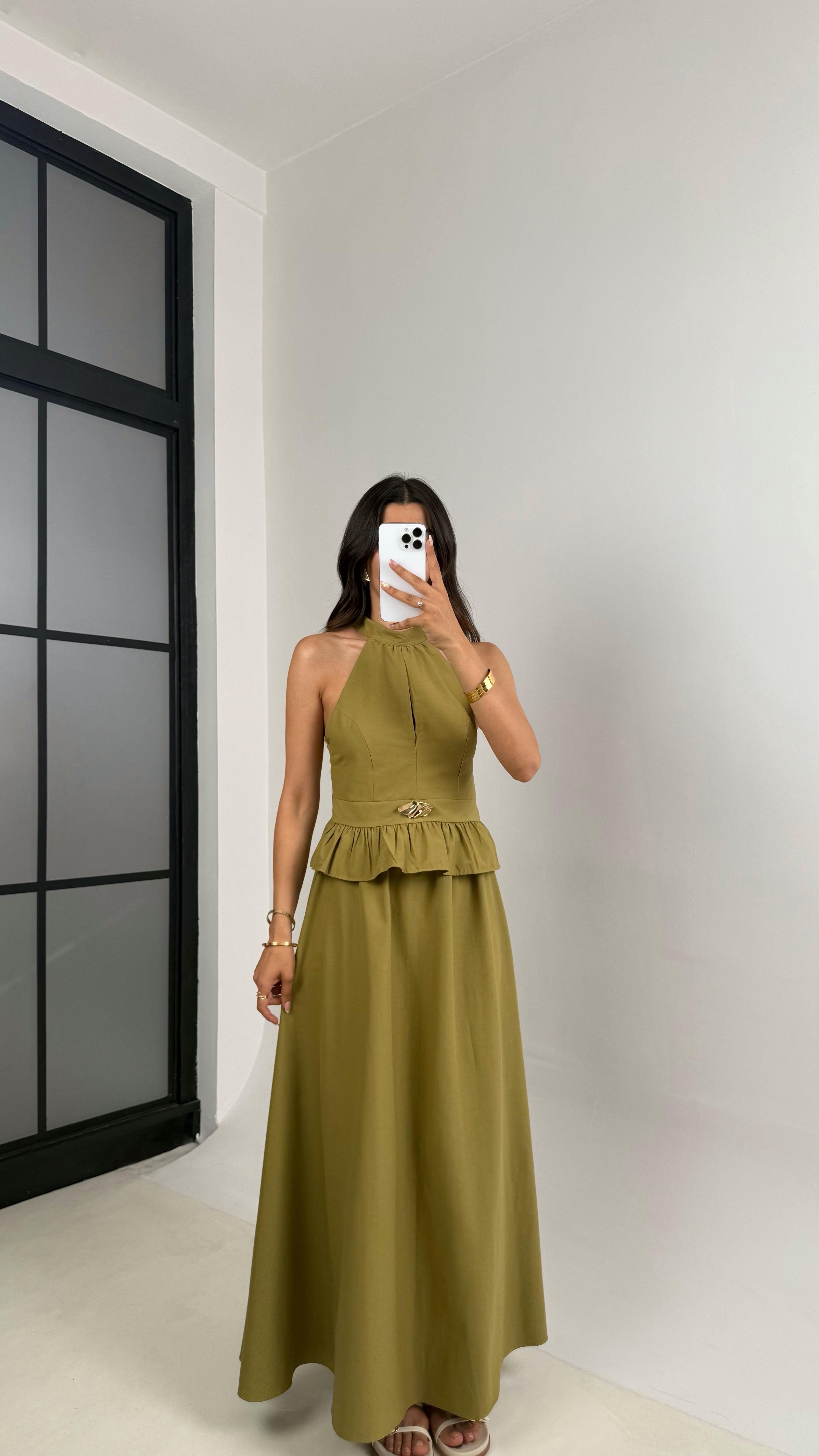 Yeşil Gold Toka Detaylı Bluz Beli Lastikli Etek İkili Takım Gaus00678GausTAKIMGU1002560