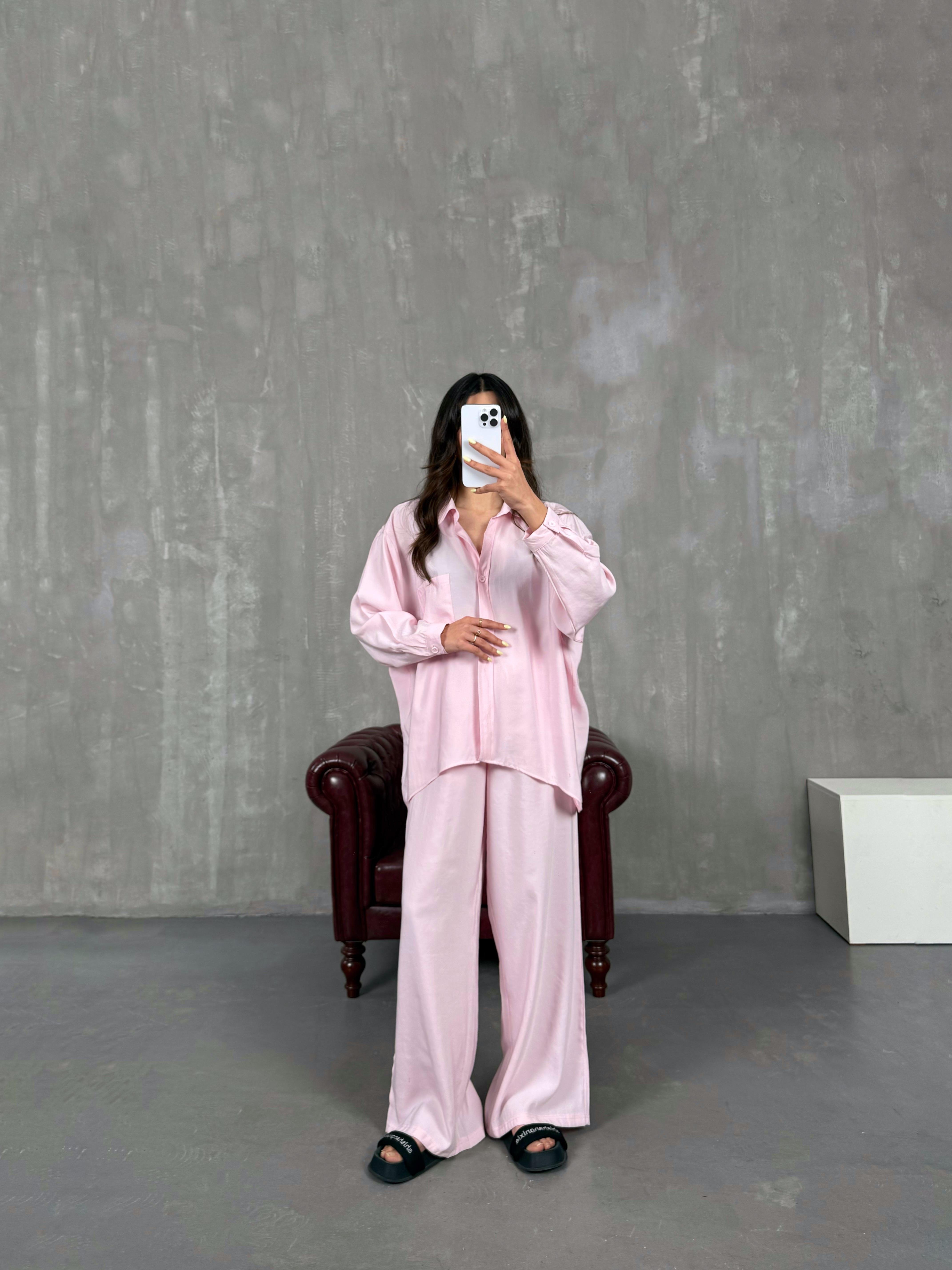 Pembe Cepli Gömlek Beli Lastikli Pantolon Tensel Takım Gaus00134GausTAKIMGU1001303
