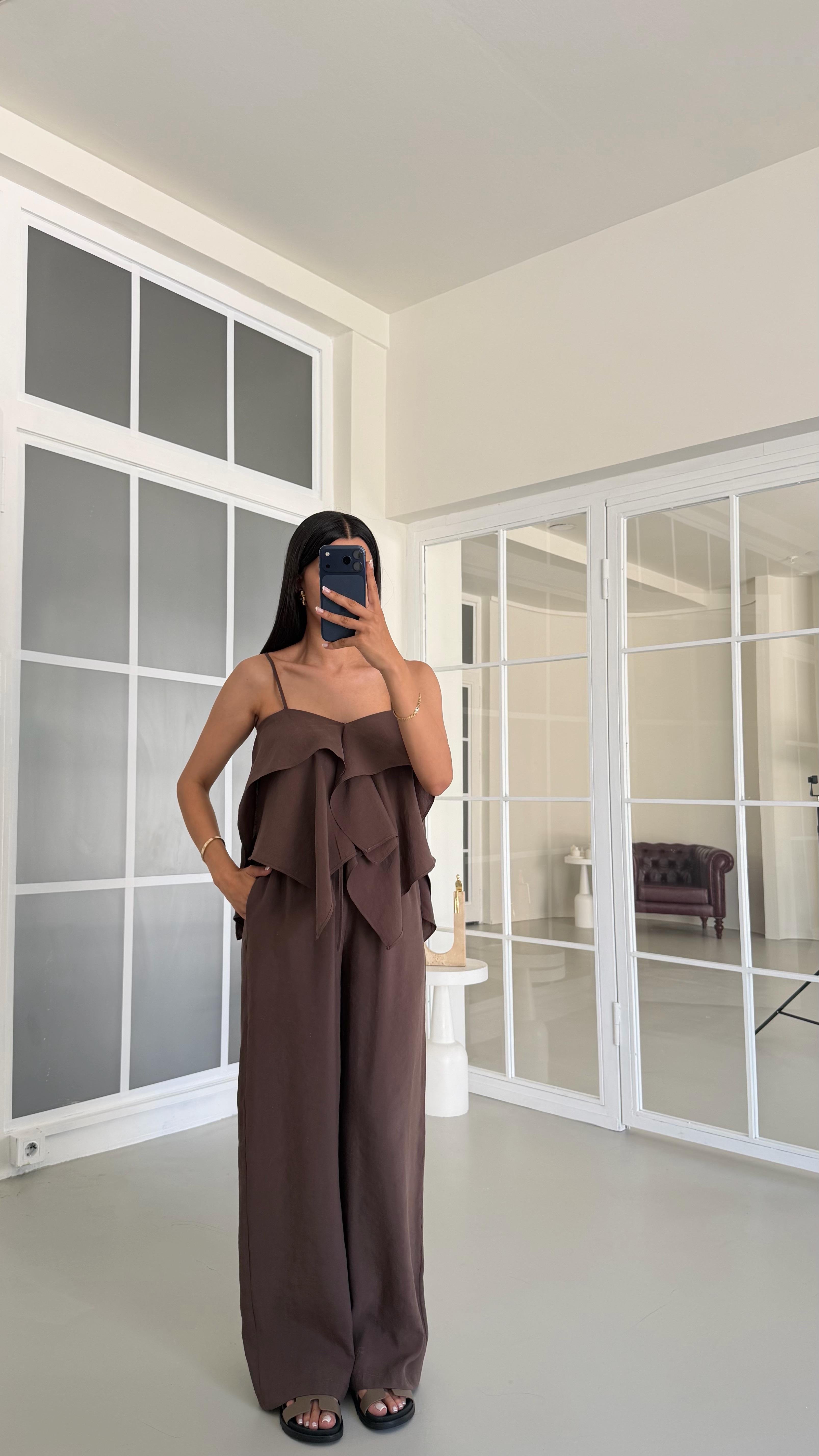 Kahve Fırfırlı Bluz Beli Lastikli Pantolon İkili MD Muadil Tencel Takım GAUS-01605GAUSSuitsGAUS-01605