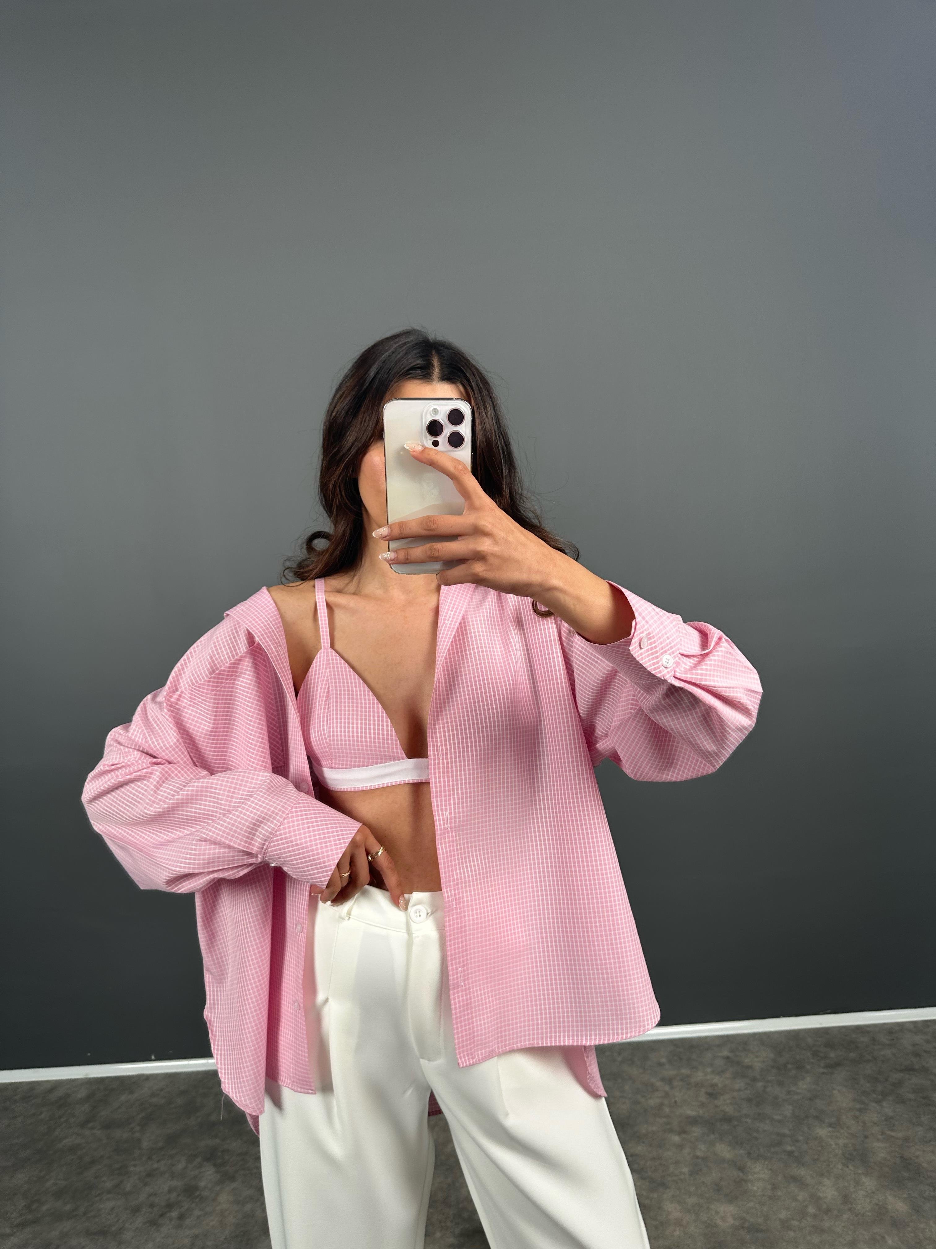 Pembe Kareli Bra Gömlek İkili Takım GausGÖMLEKGU008402