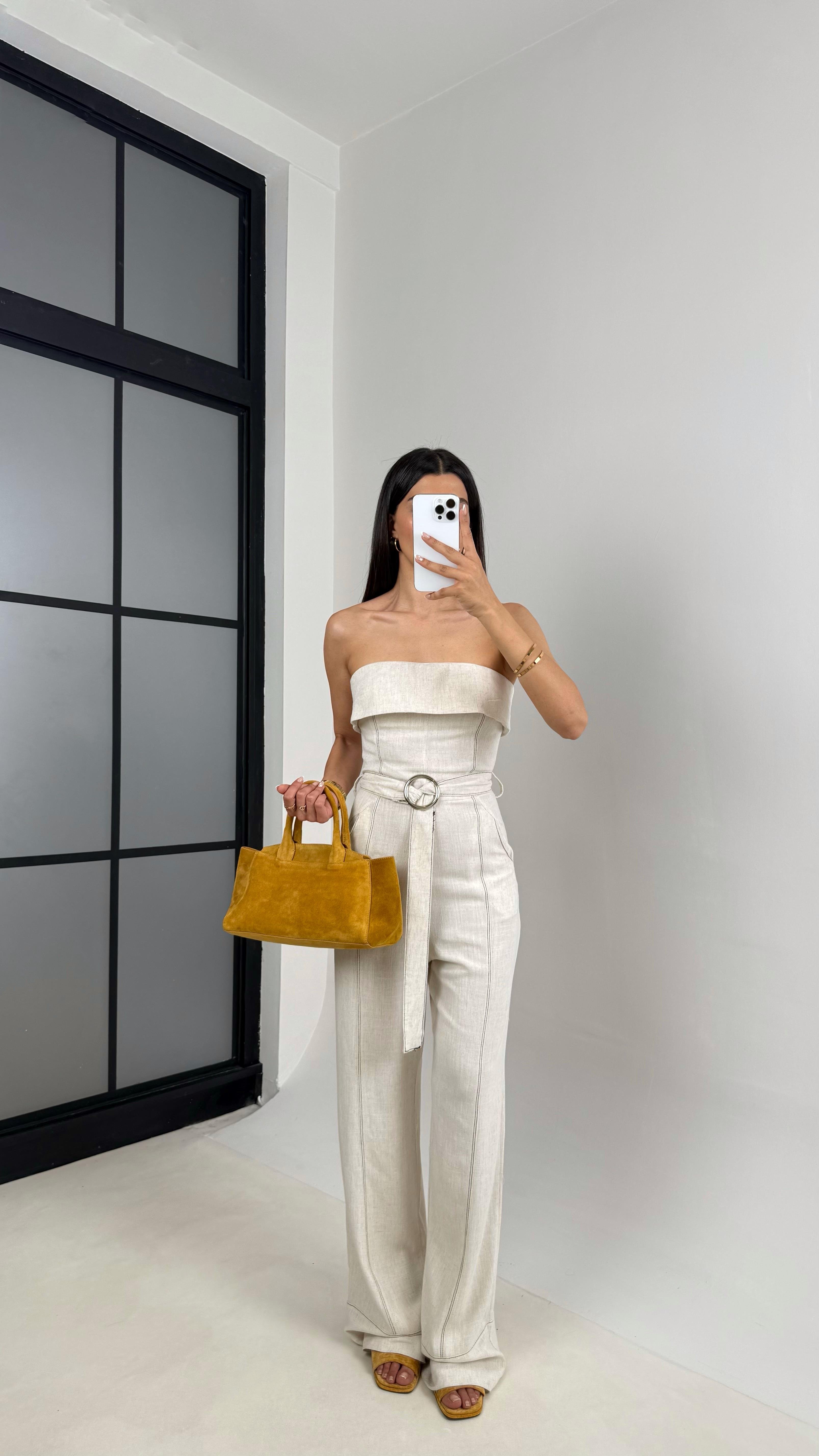 Taş Starplez Kemerli Keten Tulum Gaus00547GausTULUMGU1002278