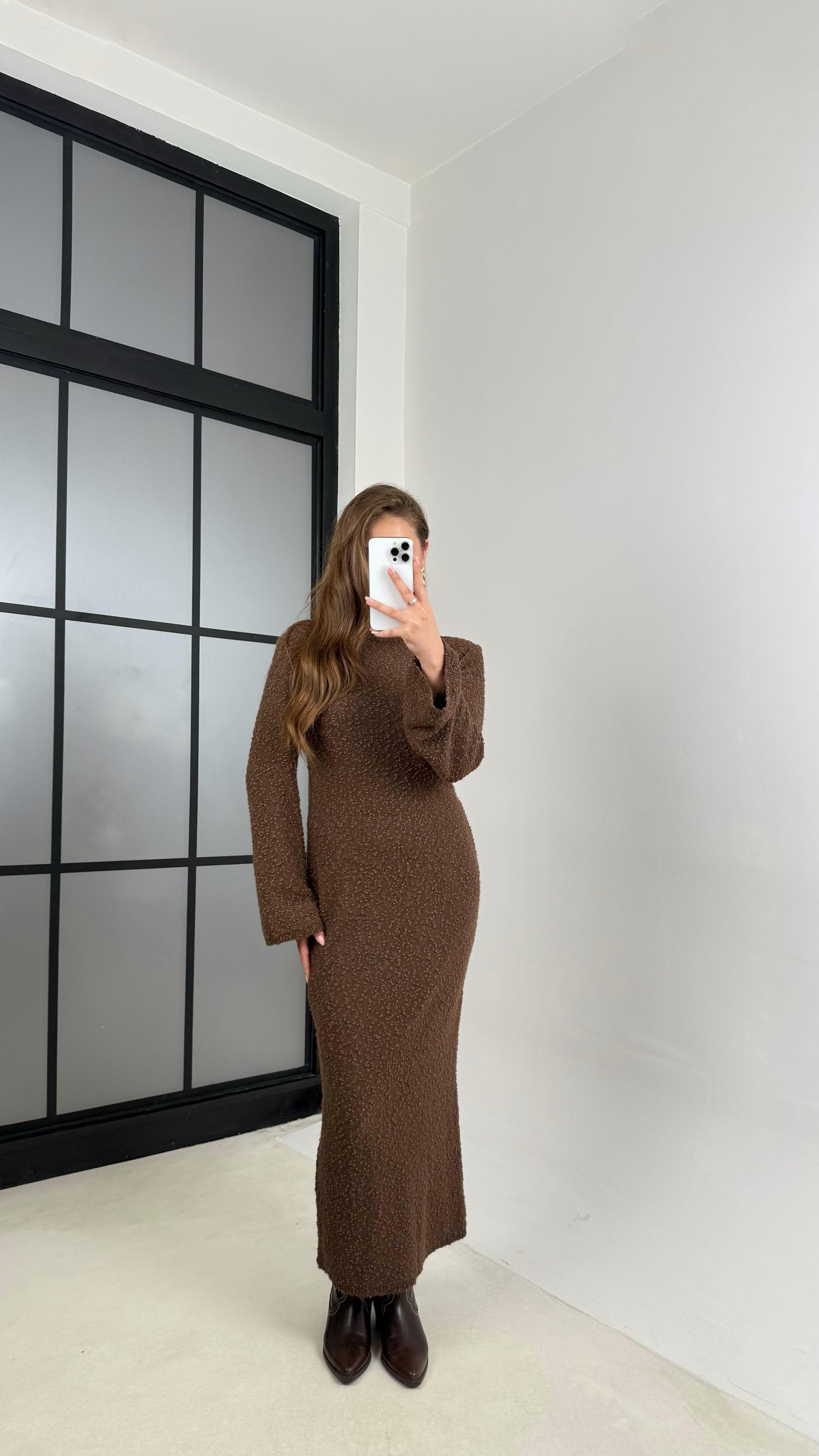 Kahve Bisiklet Yaka Tasarım Uzun Triko Elbise GAUS-00125GAUSELBİSEGAUS-00125