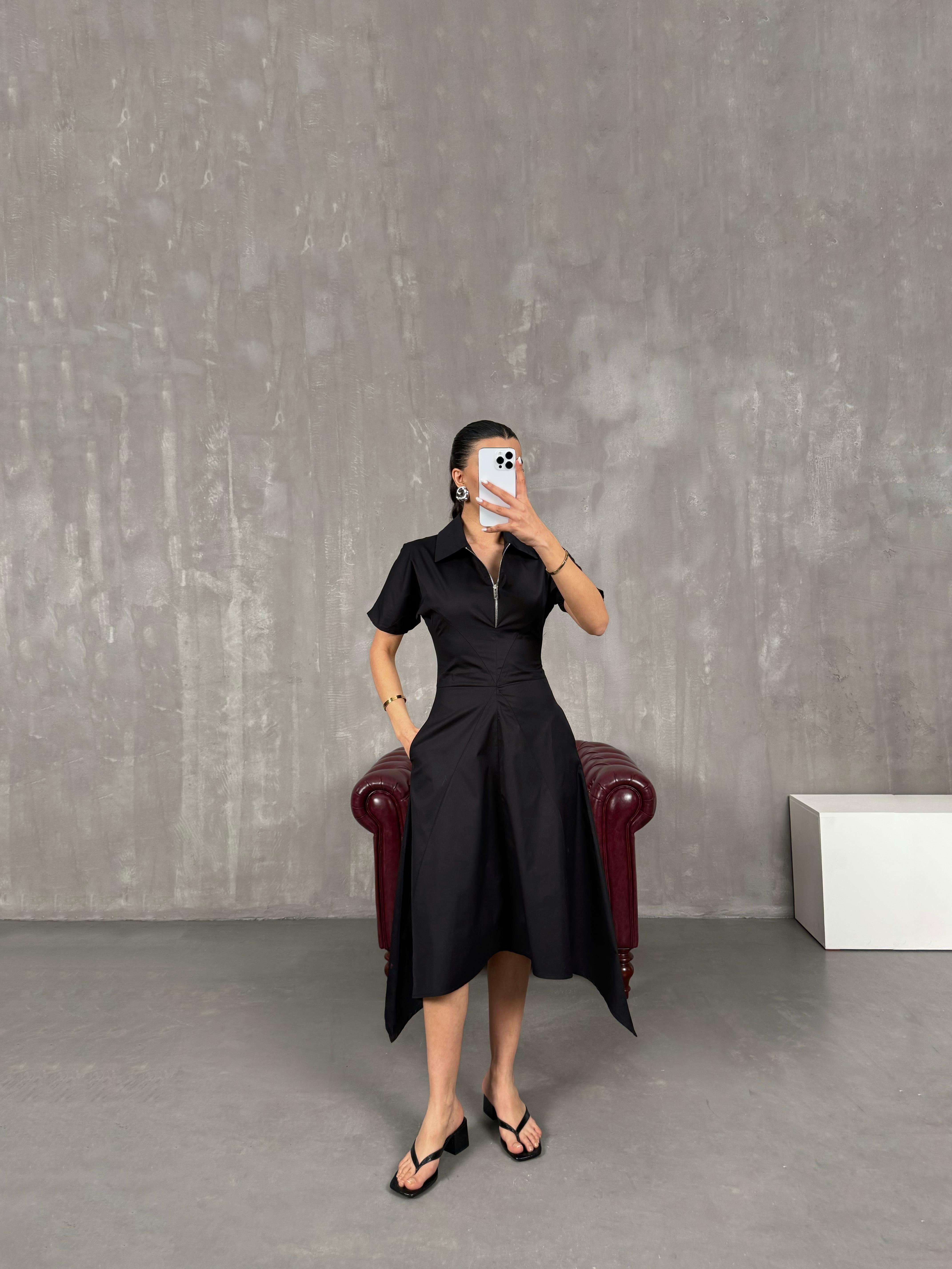 فستان مُعادل أسود مع سحّاب وياقة قميص Gaus00021