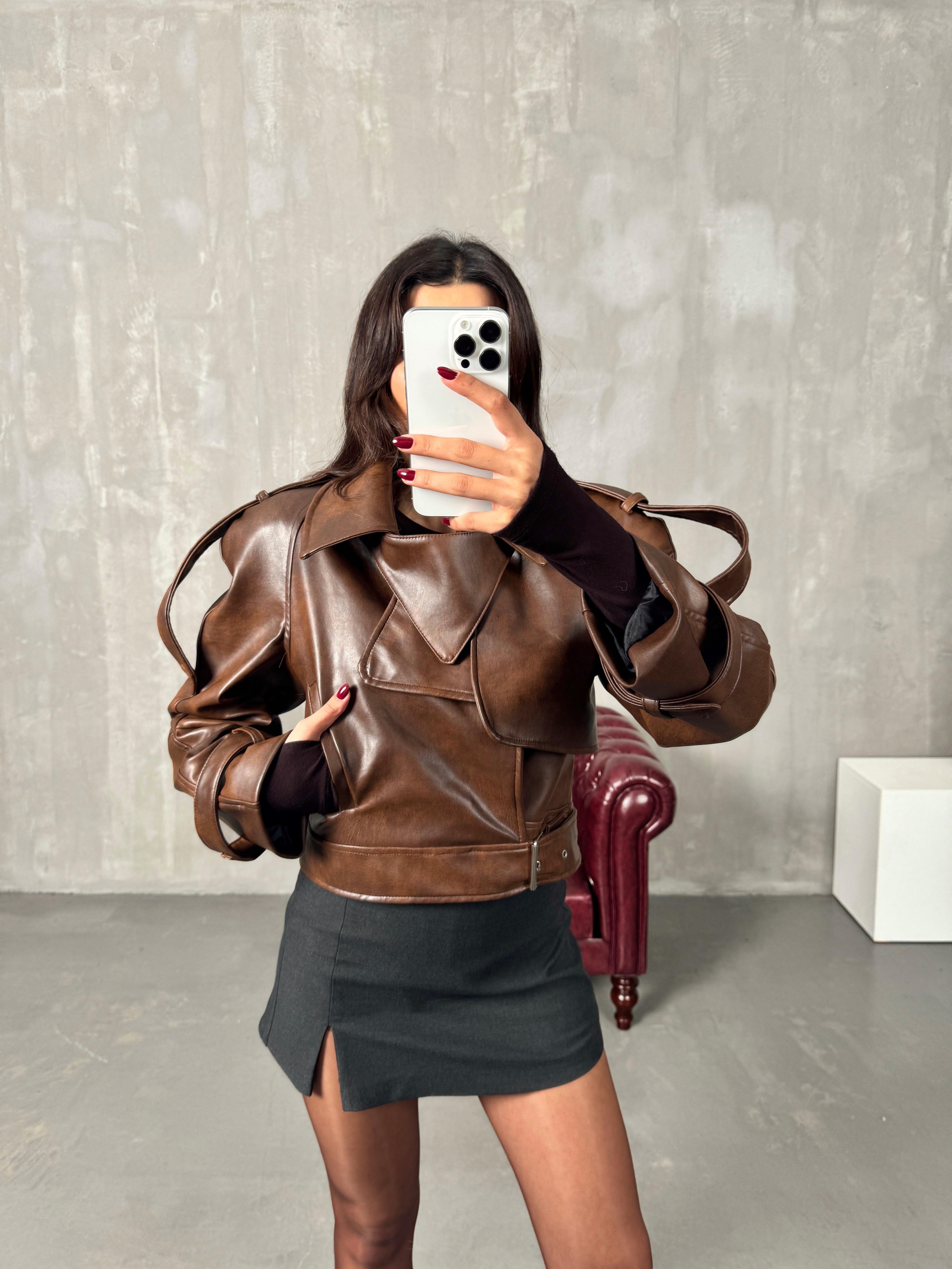 Risa Eskitme Kahve Premium Deri Ceket