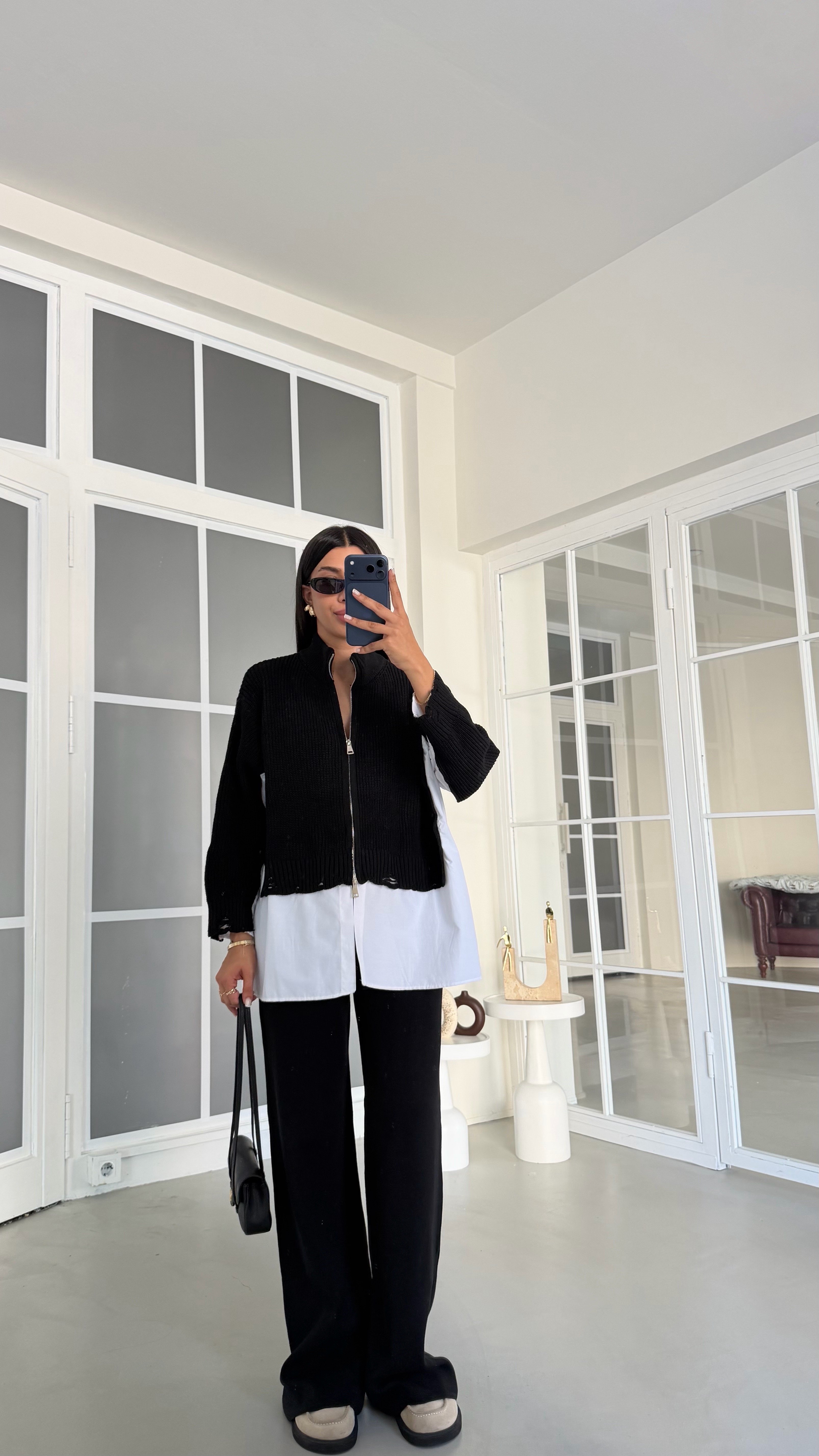 Siyah Gömlek Detaylı Örme Hırka Beli Lastikli Cepli Pantolon İkili Triko Takım GAUS-02132GAUSSuitsGAUS-02132