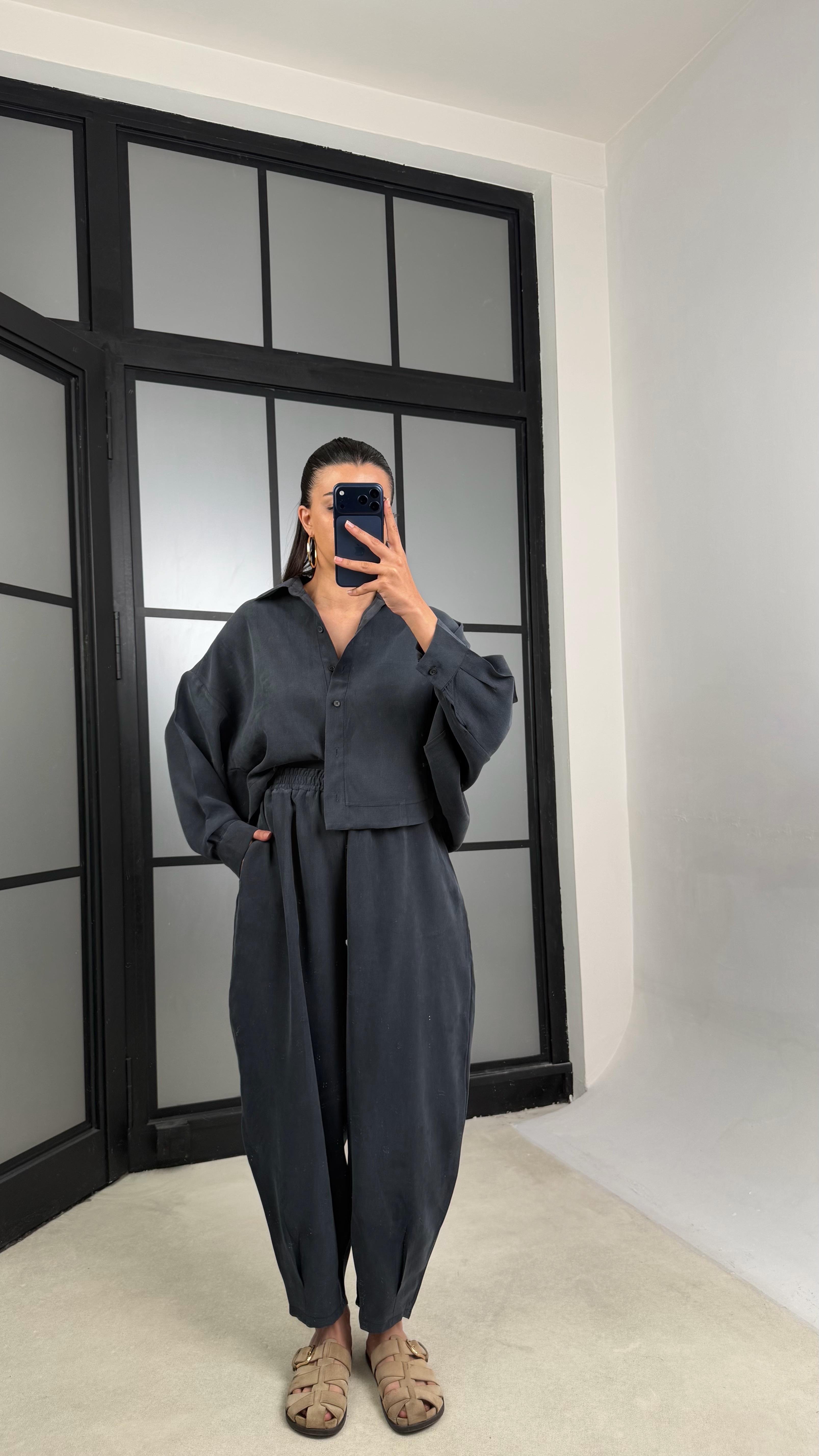 Füme MD Muadil Gömlek Beli Lastikli Şalvar Pantolon Tencel Takım GAUS-01500GAUSTAKIMGAUS-01500