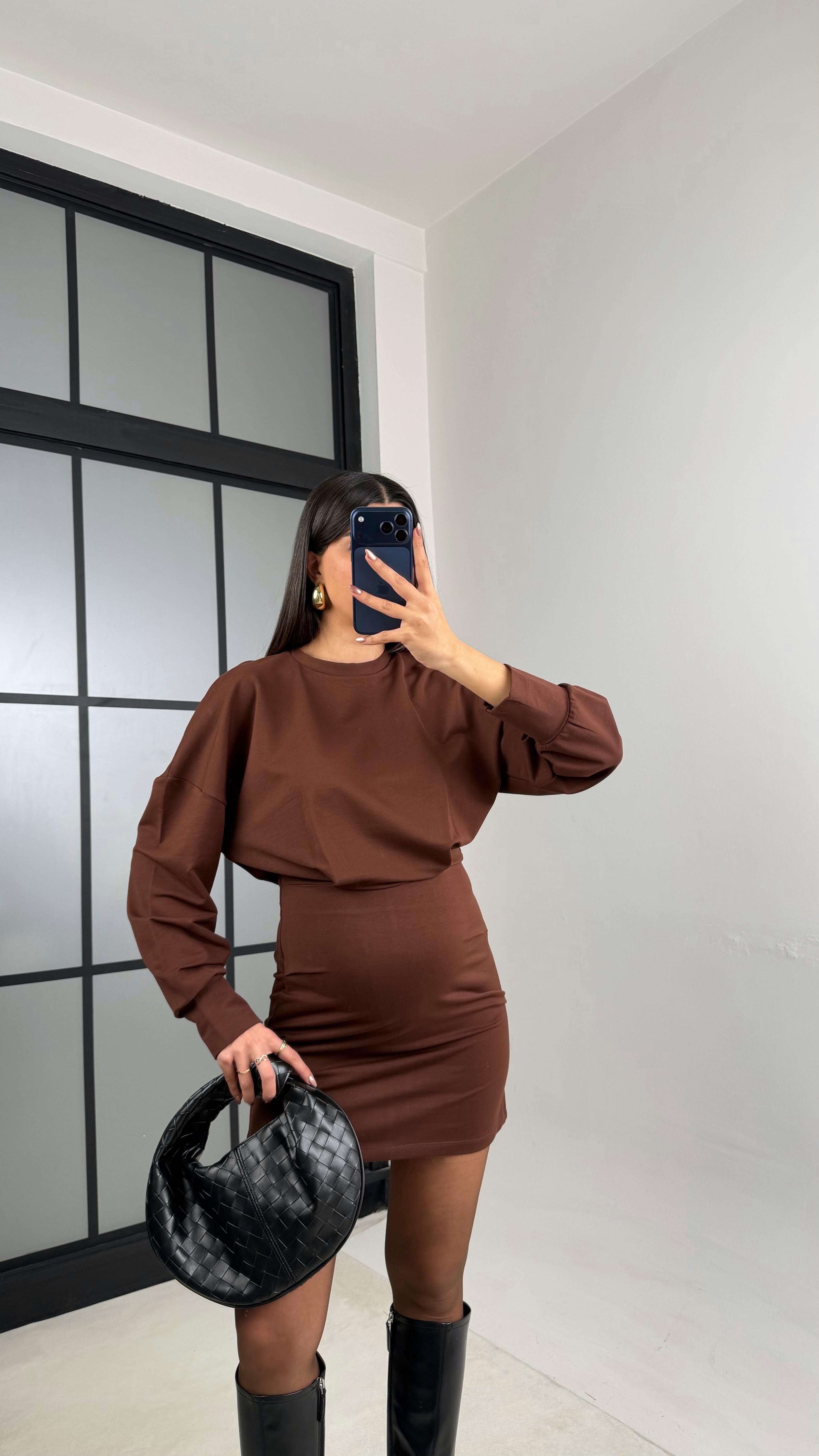 Acı Kahve Basic İki İplik Elbise GAUS-01067GAUSELBİSEGAUS-01067