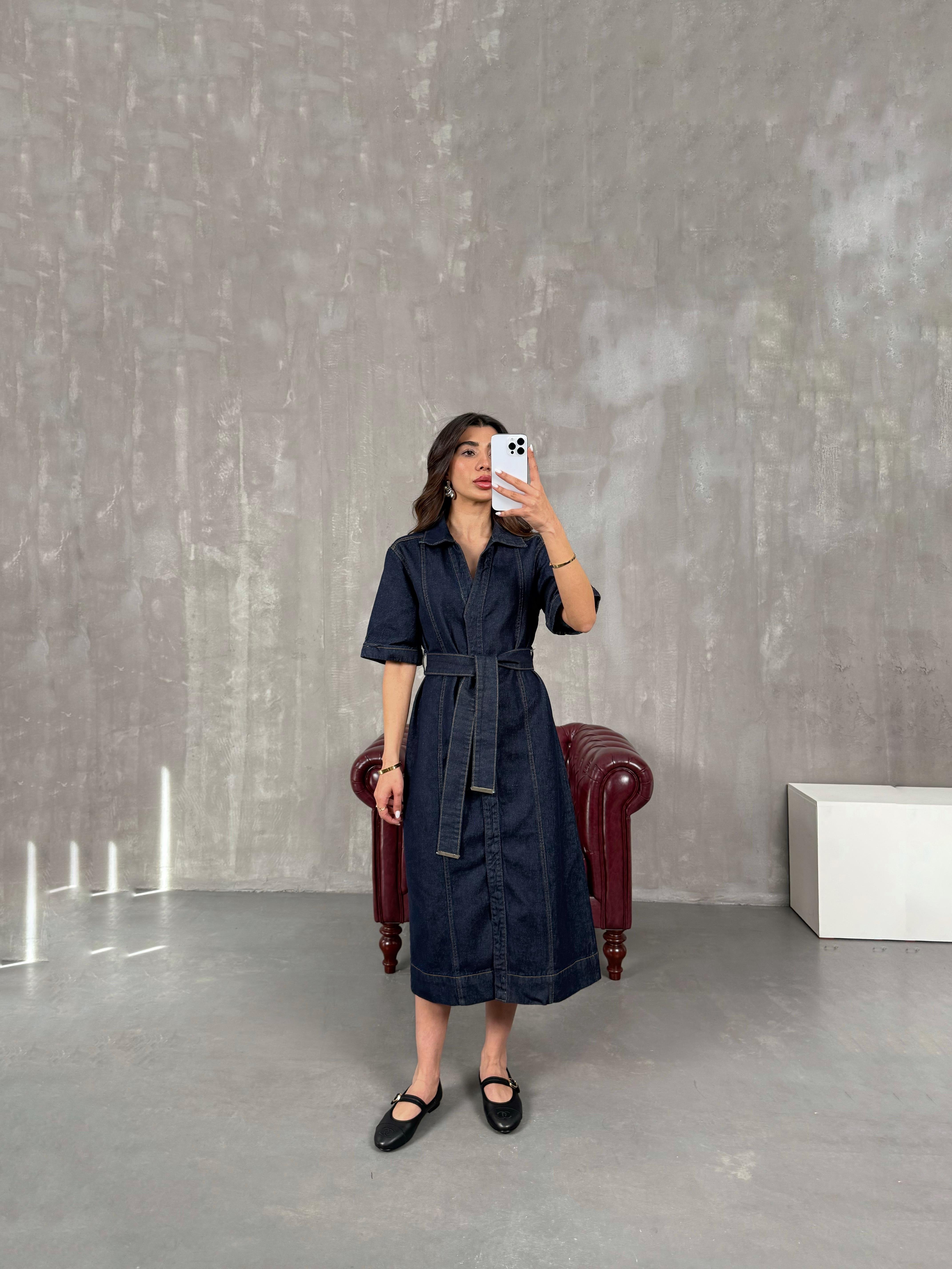 Nise Lacivert Çıtçıt Düğmeli Kuşaklı Denim ElbiseGausELBİSEGU100953