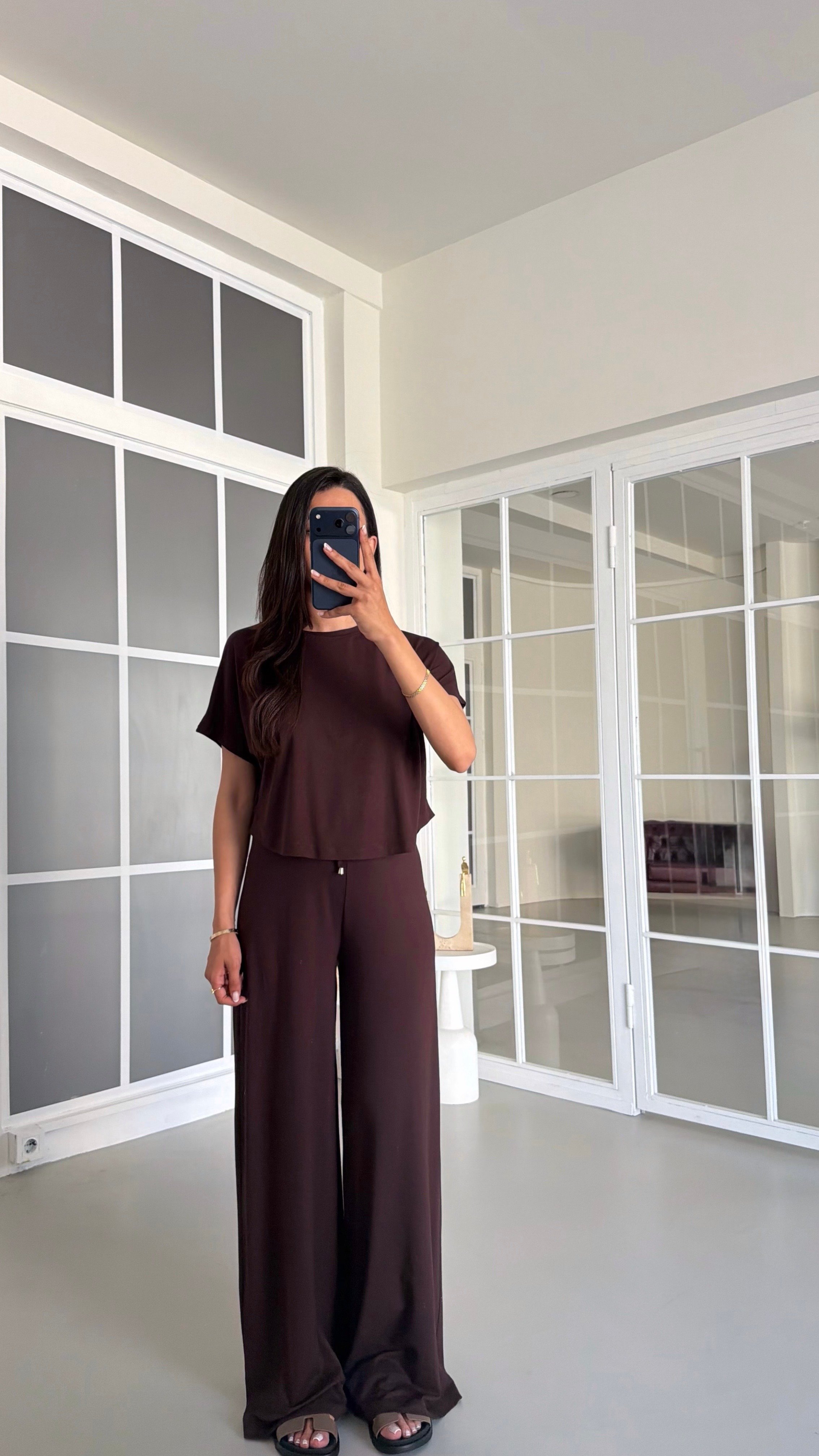 Kahve Bluz Beli Lastikli Pantolon İkili Basic Takım GAUS-01712GAUSTAKIMGAUS-01712