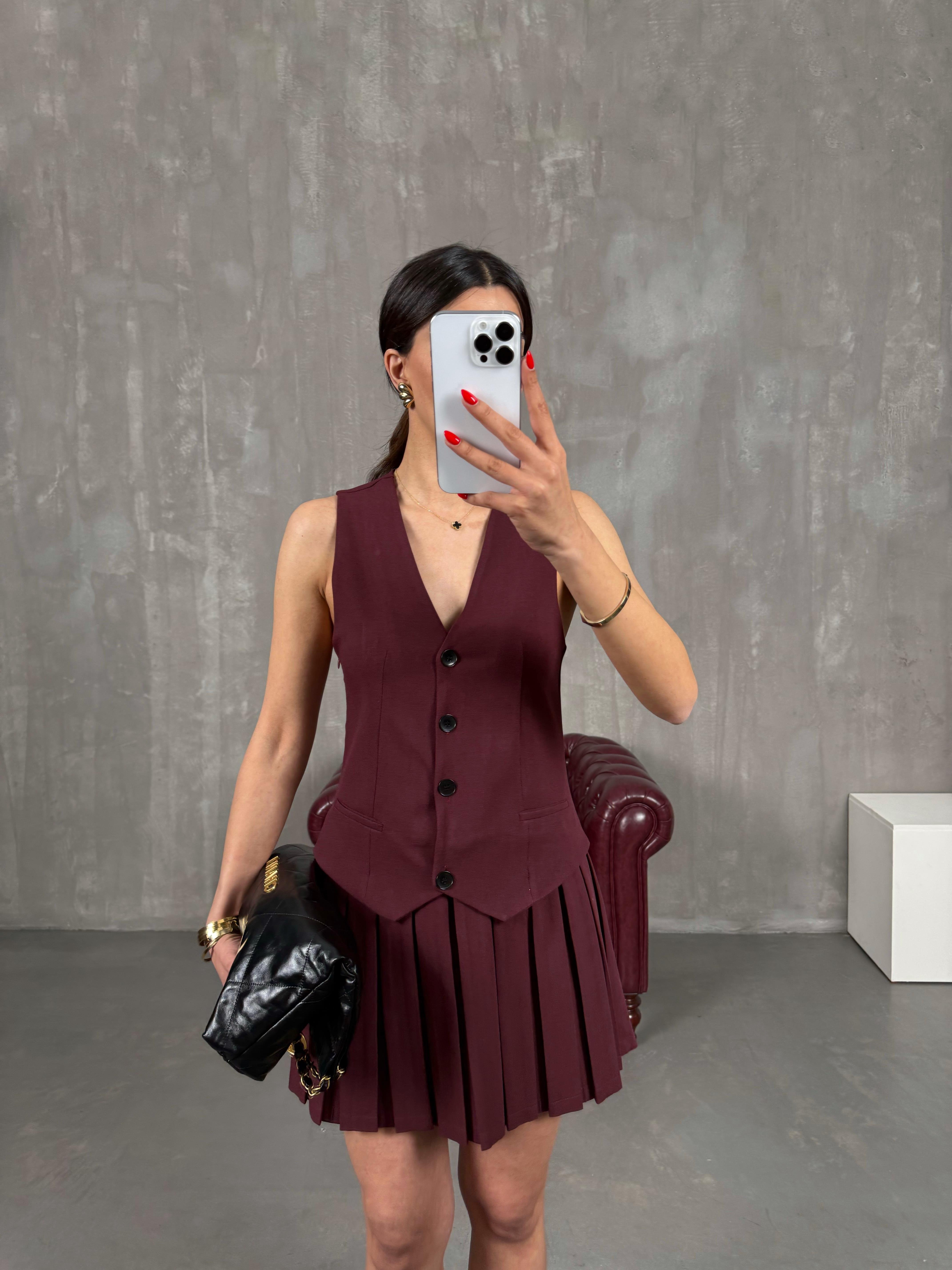 Bordo Yelekli Pileli Muadil Elbise Gaus00166GausELBİSEGU1001385