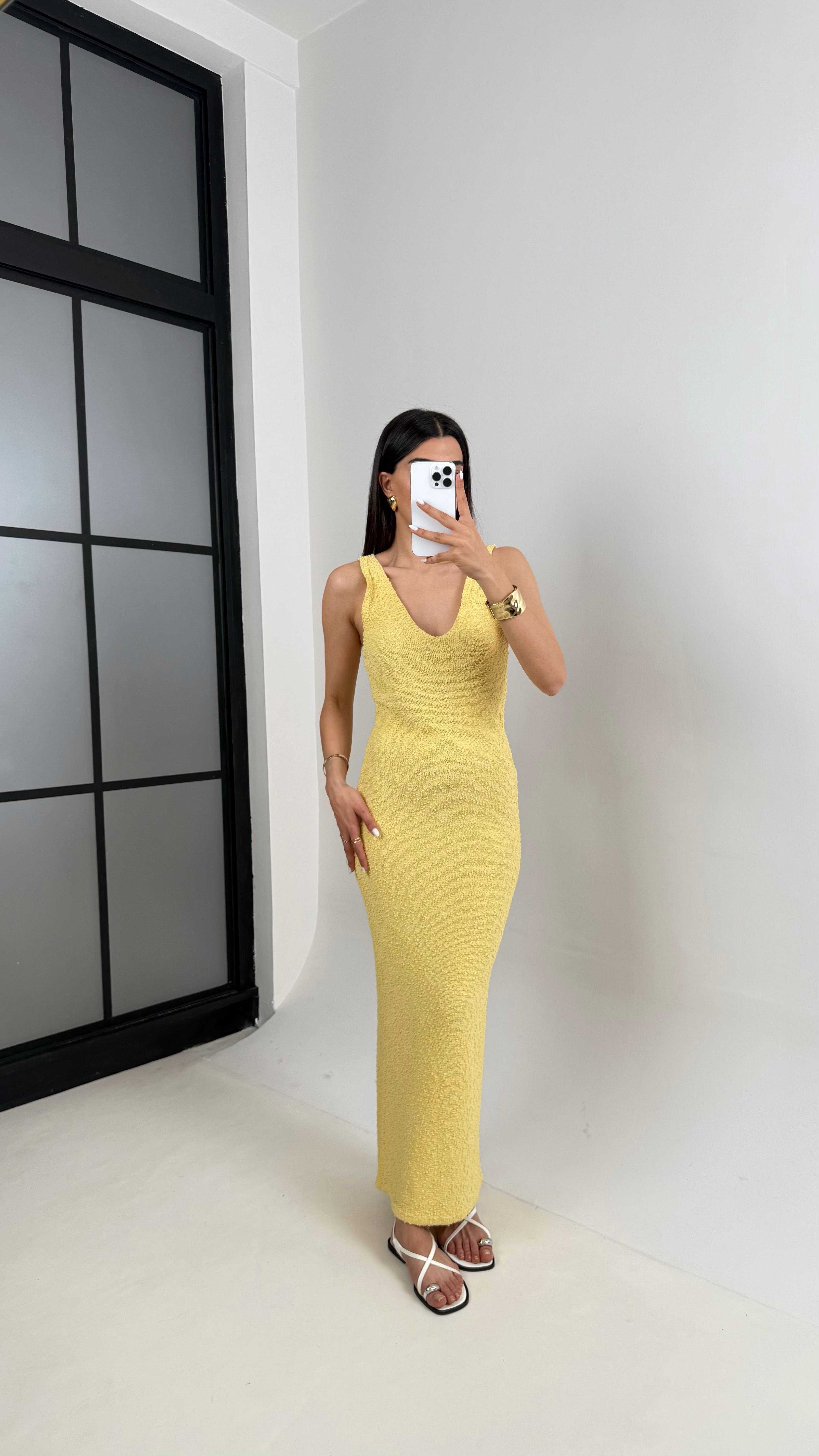 Sarı V Yaka Askılı Triko Elbise Gaus00412GausELBİSEGU1001961