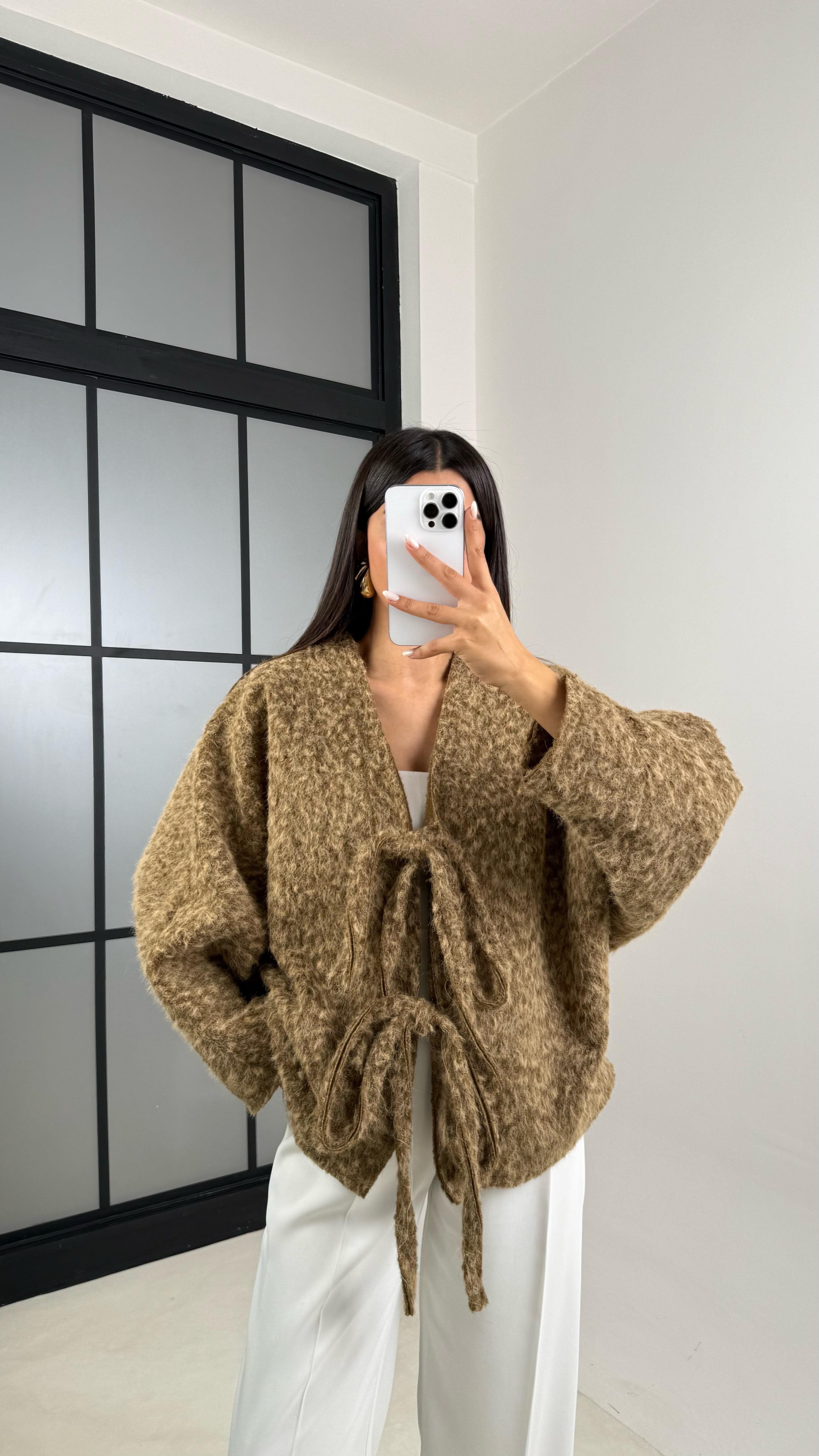 Kahve Kırçıllı Astarlı Önden Bağlamalı Premium Ceket GAUS-00512GAUS السترات  GAUS-00512