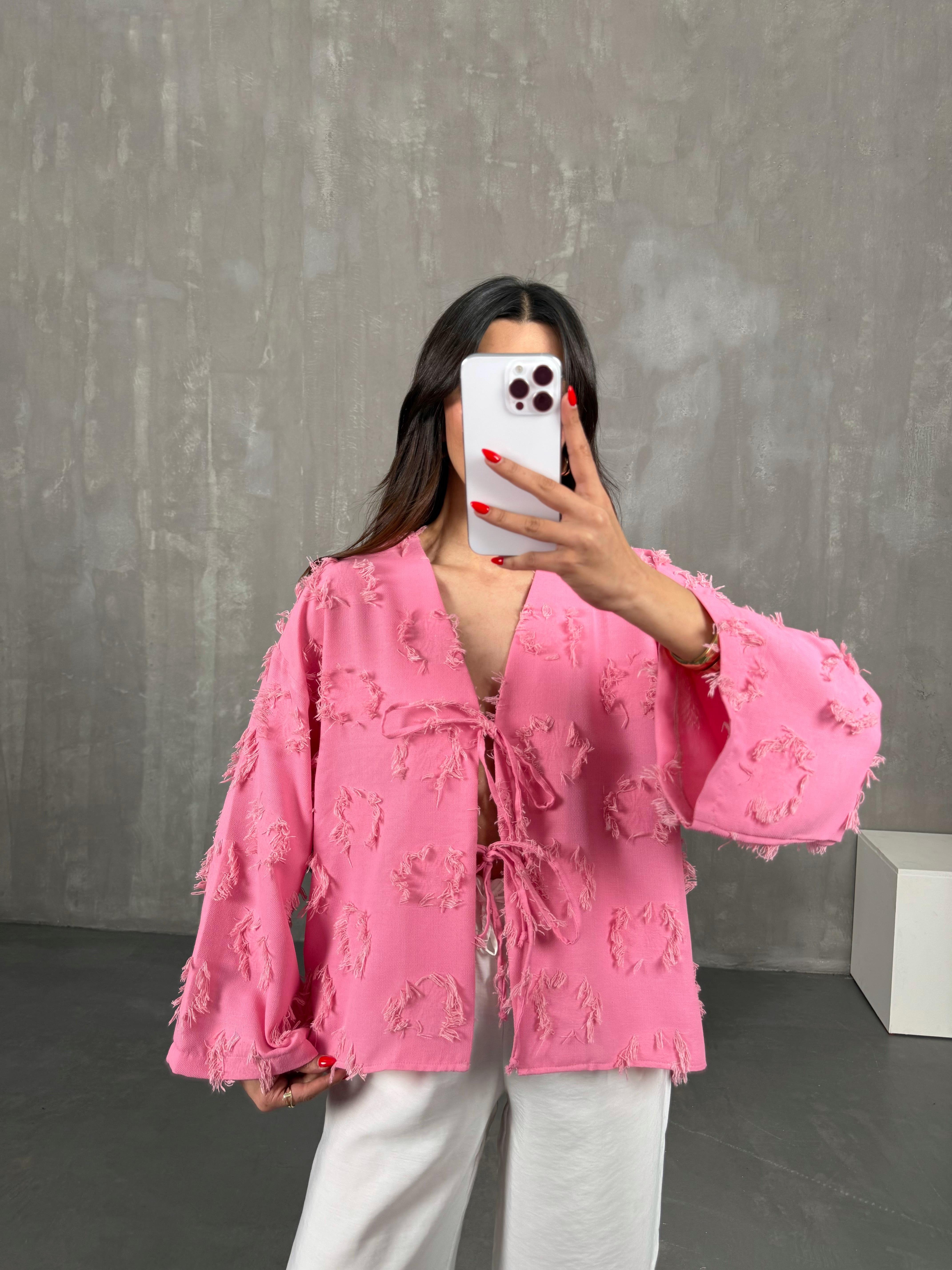 Zenit Pembe Püskül Detaylı Bağlamalı Keten GömlekGausGÖMLEKGU1001475