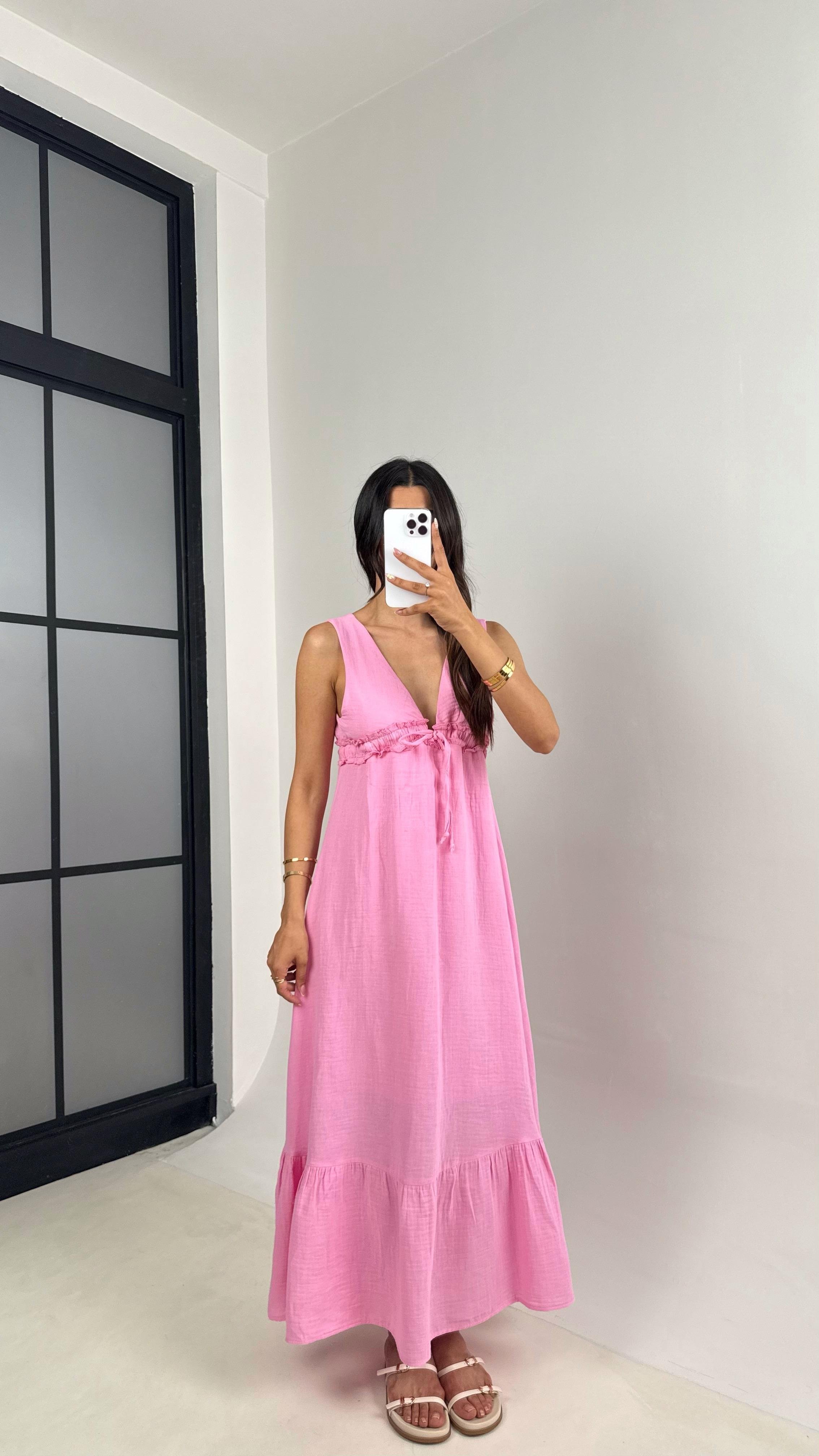 Pembe V Yaka Beli Ayarlanabilir Lastikli Astarlı Müslin Elbise Gaus00680 GausELBİSEGU1002570