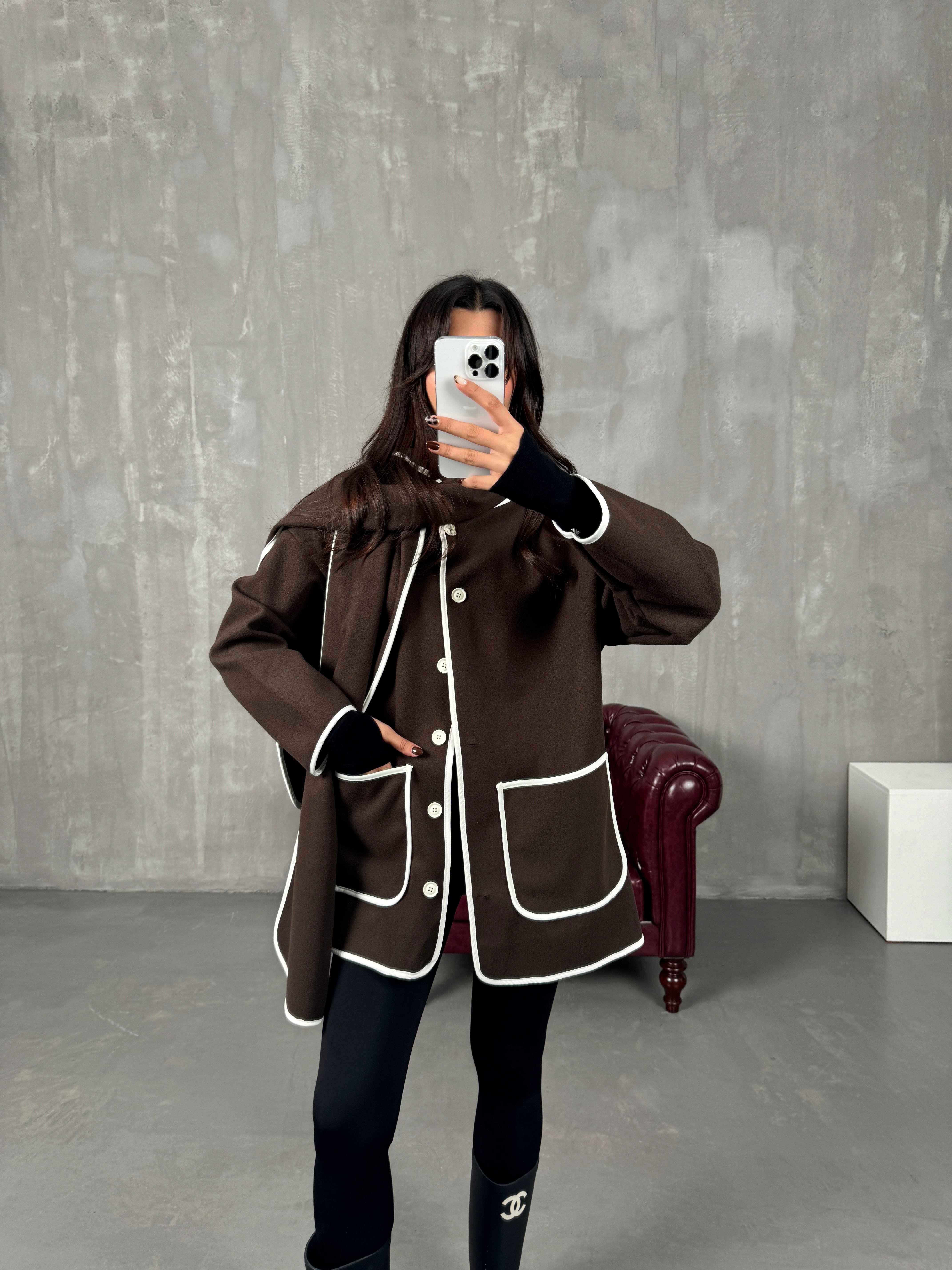 Tate Acı Kahve Beyaz Şeritli Atkı Detaylı Tasarım Kaşe Ceket