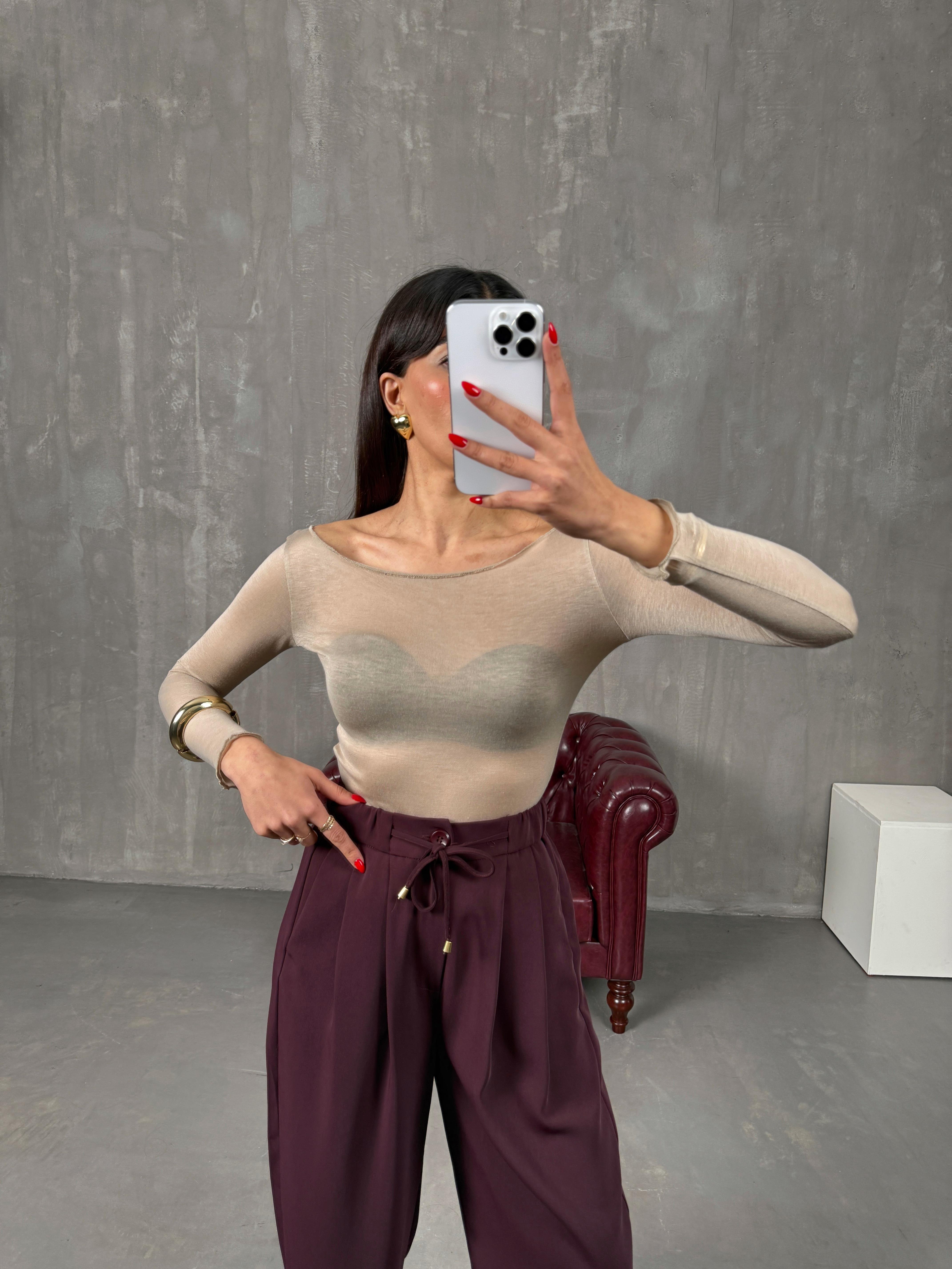 سيمون بلوزة شفافة لون مينك بياقة مادونا مكافئ لإم دي