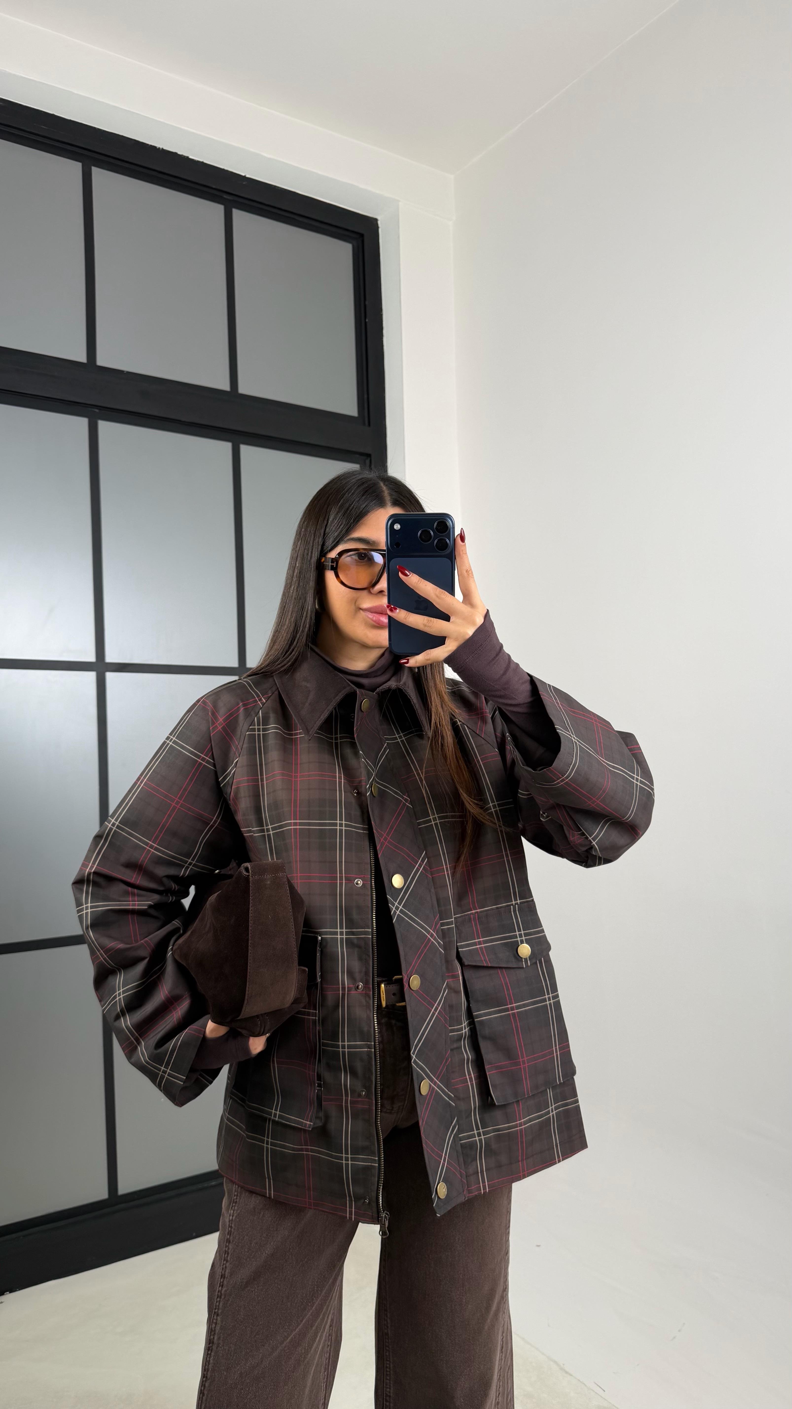 Kahve Kadife Yakalı Ekose Desenli Astarlı Ceket GAUS-00736GAUSCEKETGAUS-00736