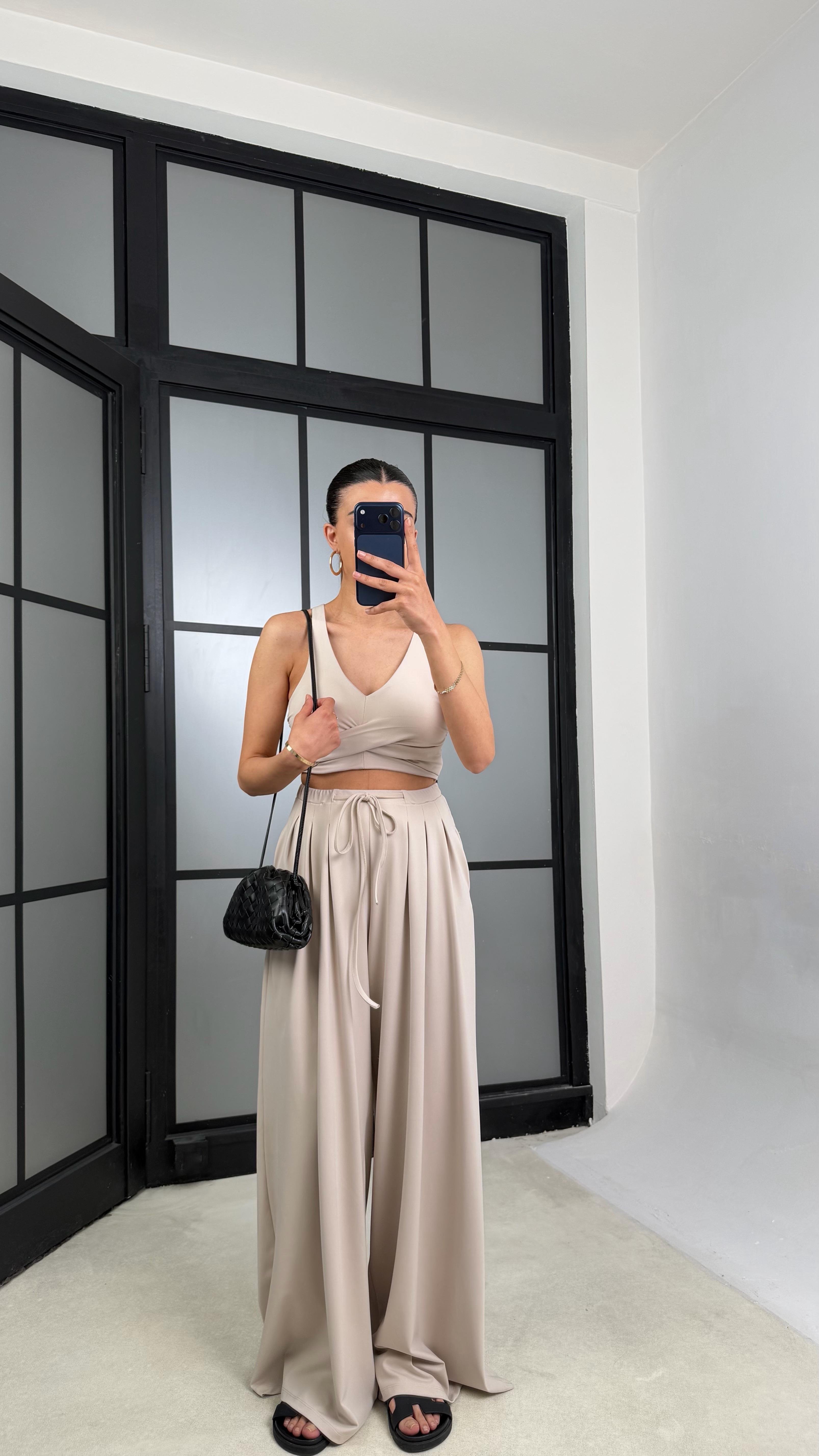 Bej OYS Model Pedli  Crop Beli Lastikli Pantolon İkili Takım GAUS-01441GAUSTAKIMGAUS-01441