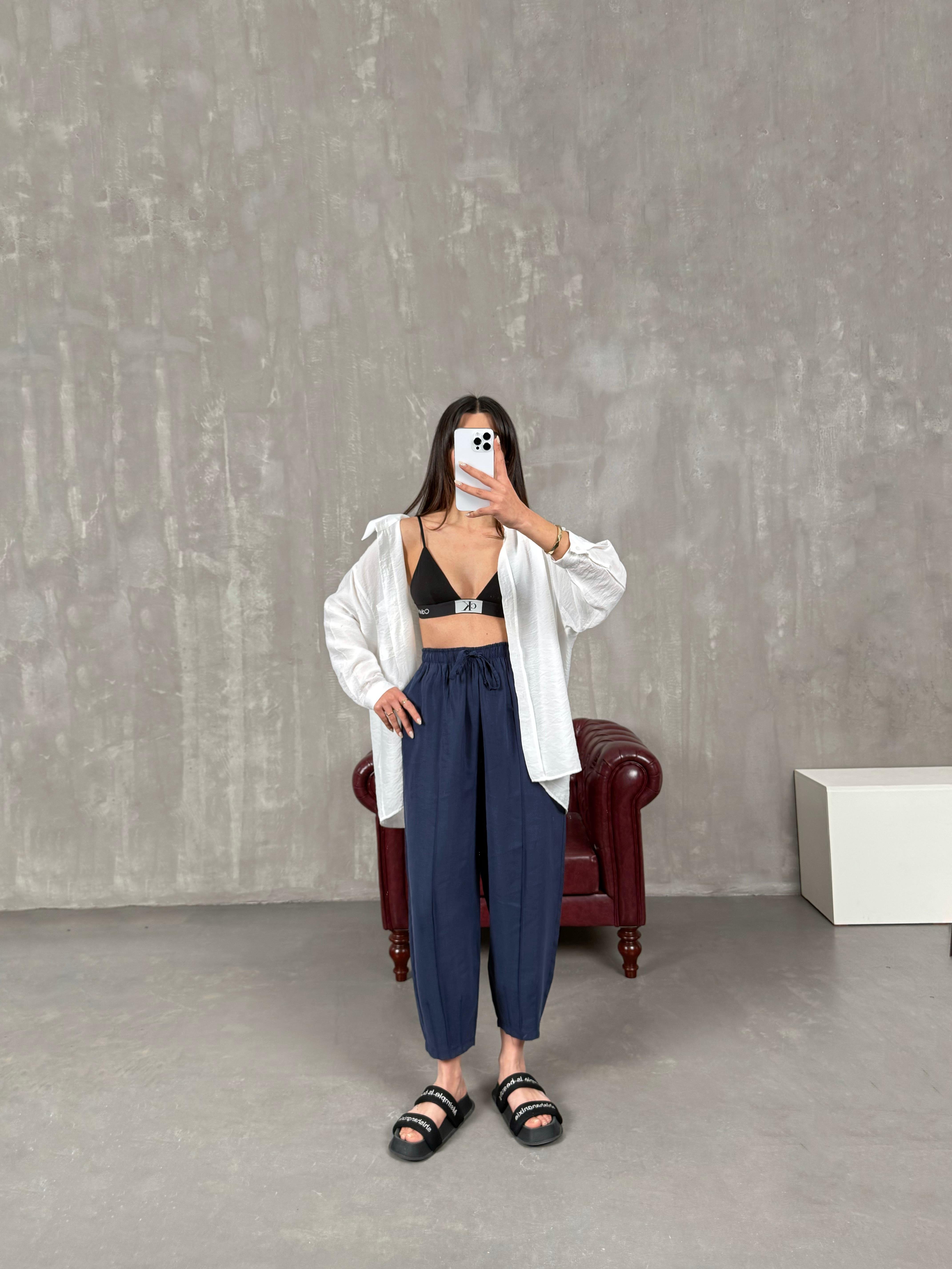 Orfi Lacivert Çımalı Tensel Şalvar Pantolon