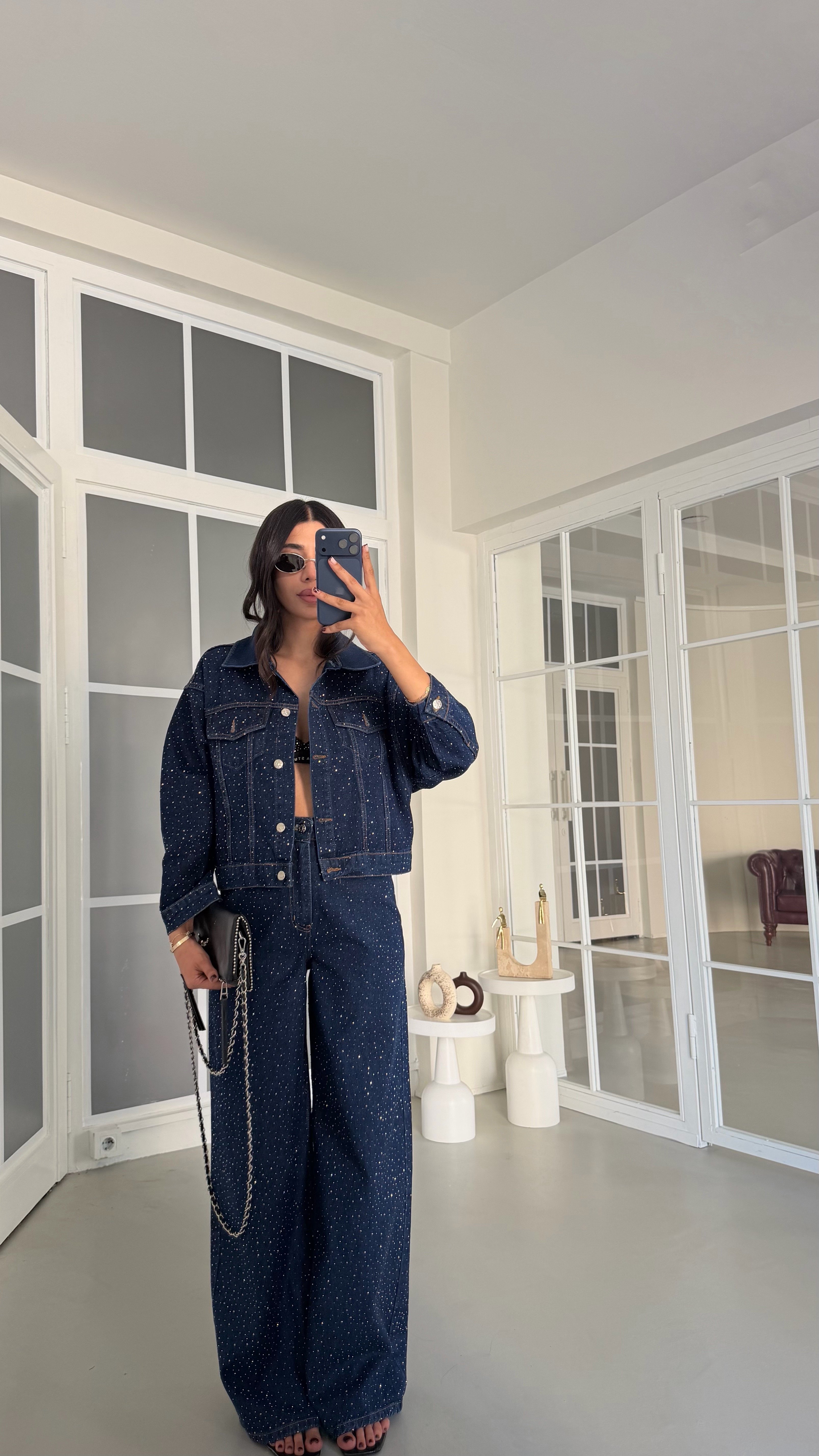 Lacivert Lacivert Premium Taşlı Denim İkili Takım GAUS-01953GAUSTAKIMGAUS-01953