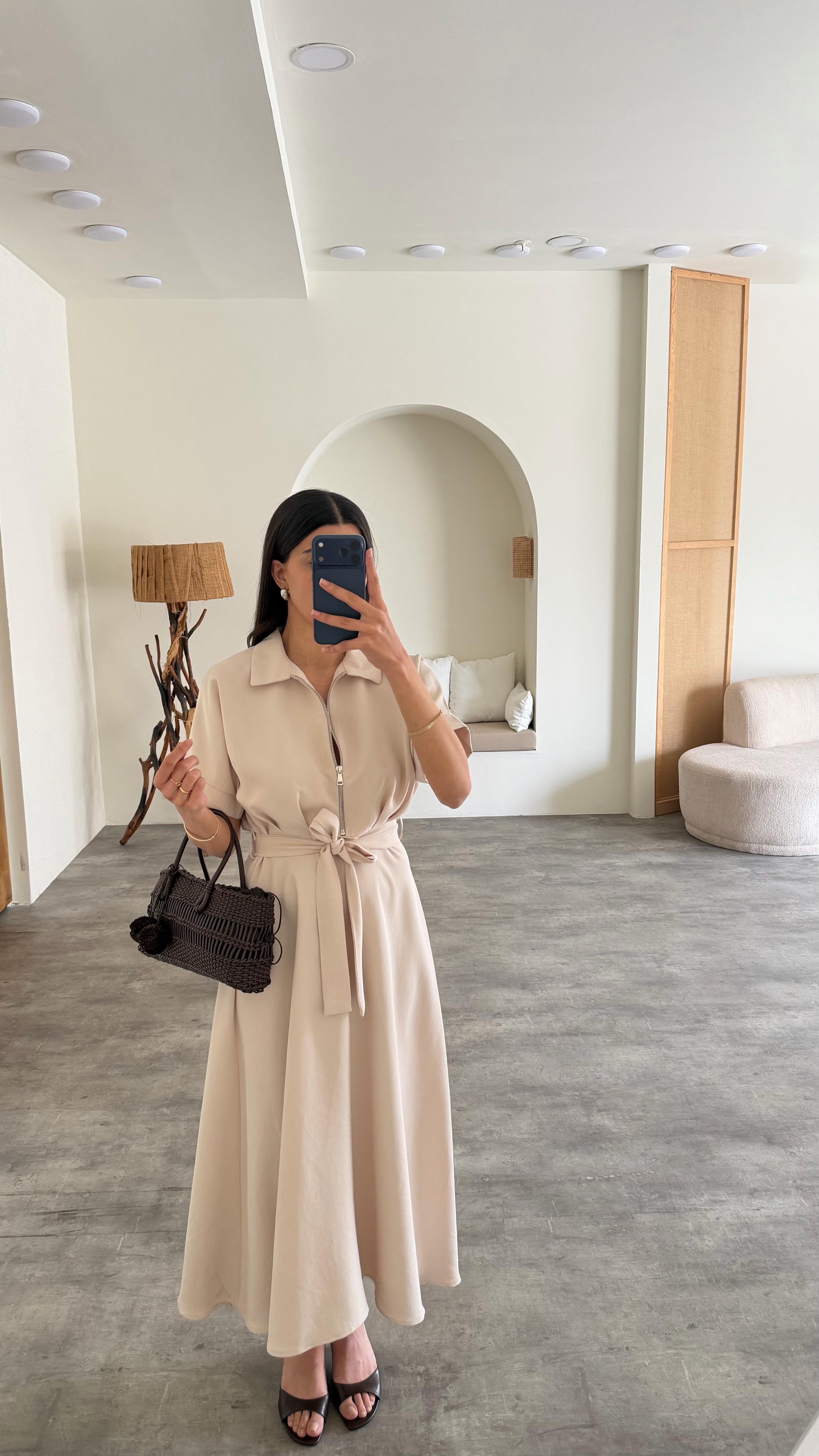 Taş Polo Yaka Kuşaklı Tencel Kumaş Elbise GAUS-01429GAUSELBİSEGAUS-01429