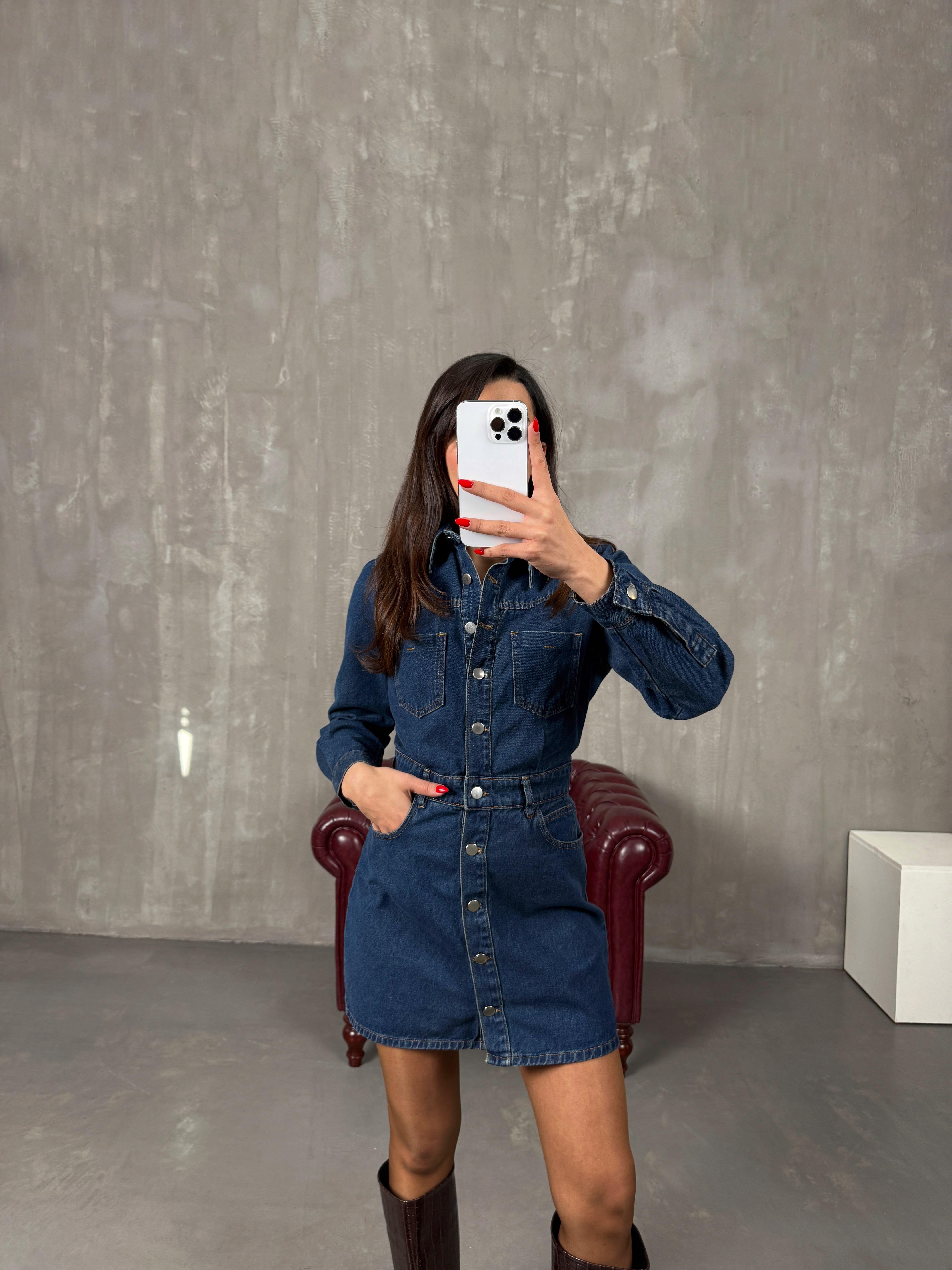 Renita Koyu Mavi Denim Düğmeli Jean Elbise