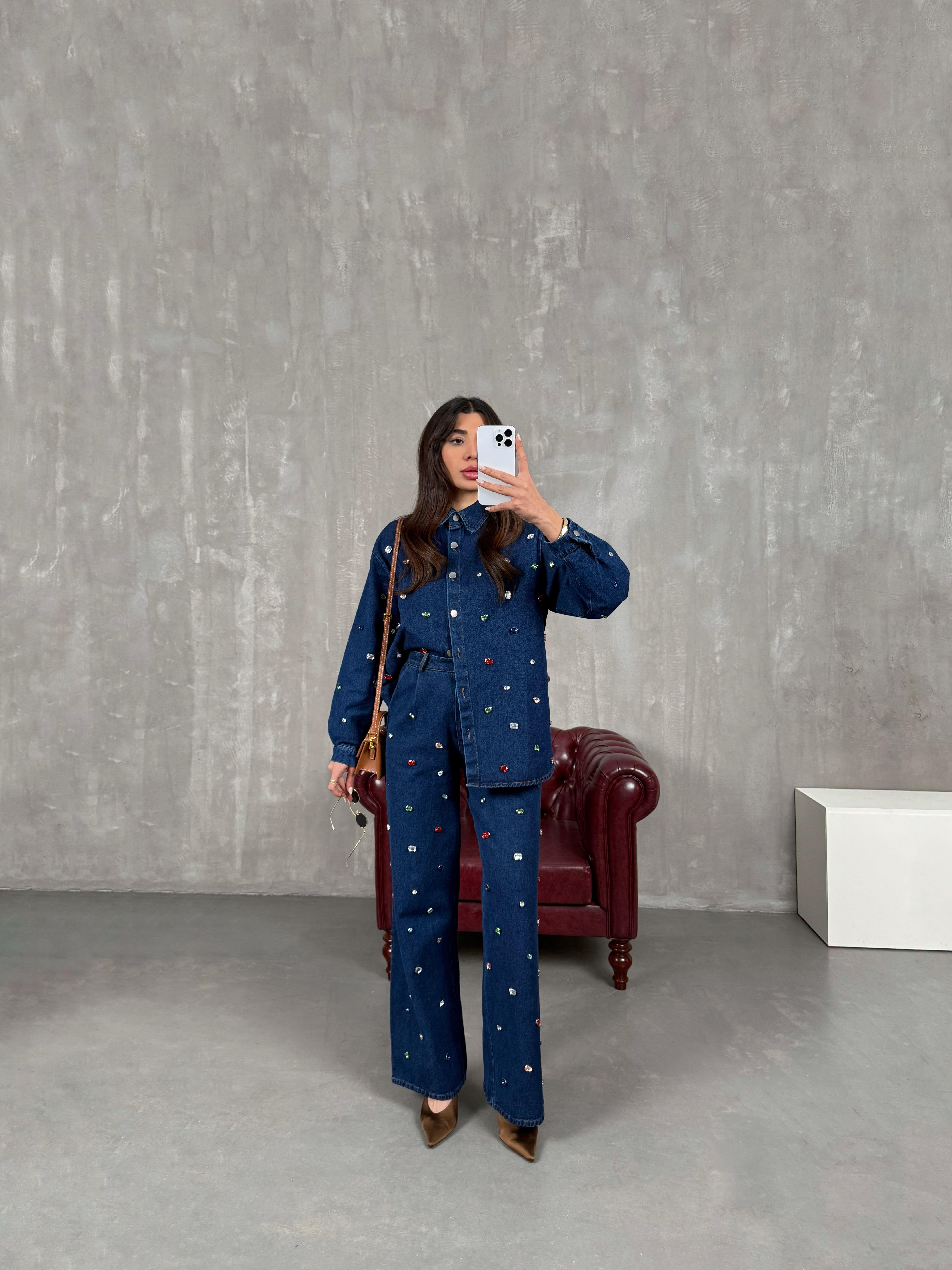 Pares Lacivert Taşlı Tasarım Denim Takım