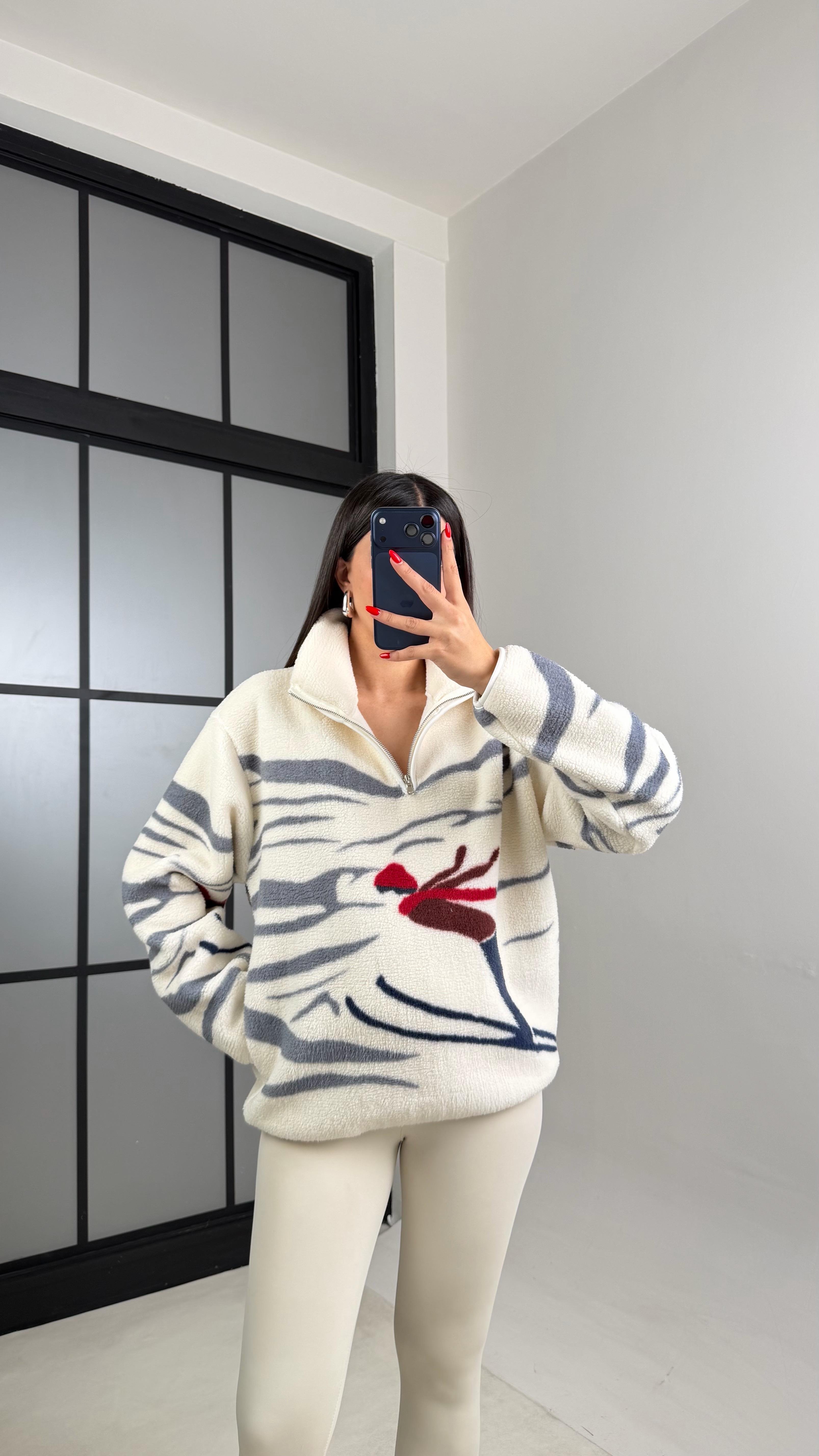 Krem Fermuarlı Kızak Desenli Polar Sweatshirt Gaus-00723 gaus-01029GAUSالسويت شيرت gaus-01029