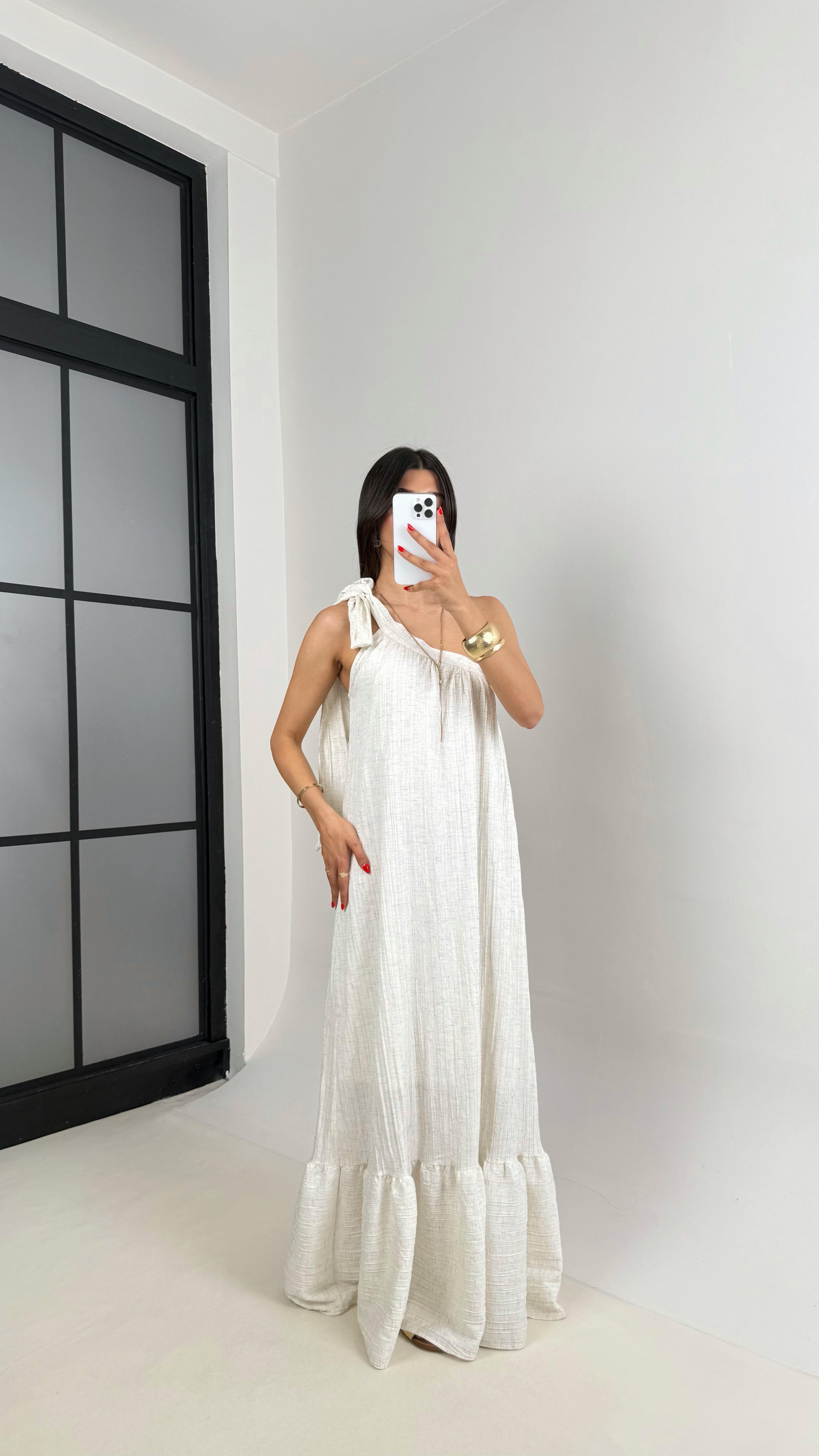 Taş Tek Omuz Astarlı Gofre Kumaş Elbise Gaus00497 GausELBİSEGU1002164