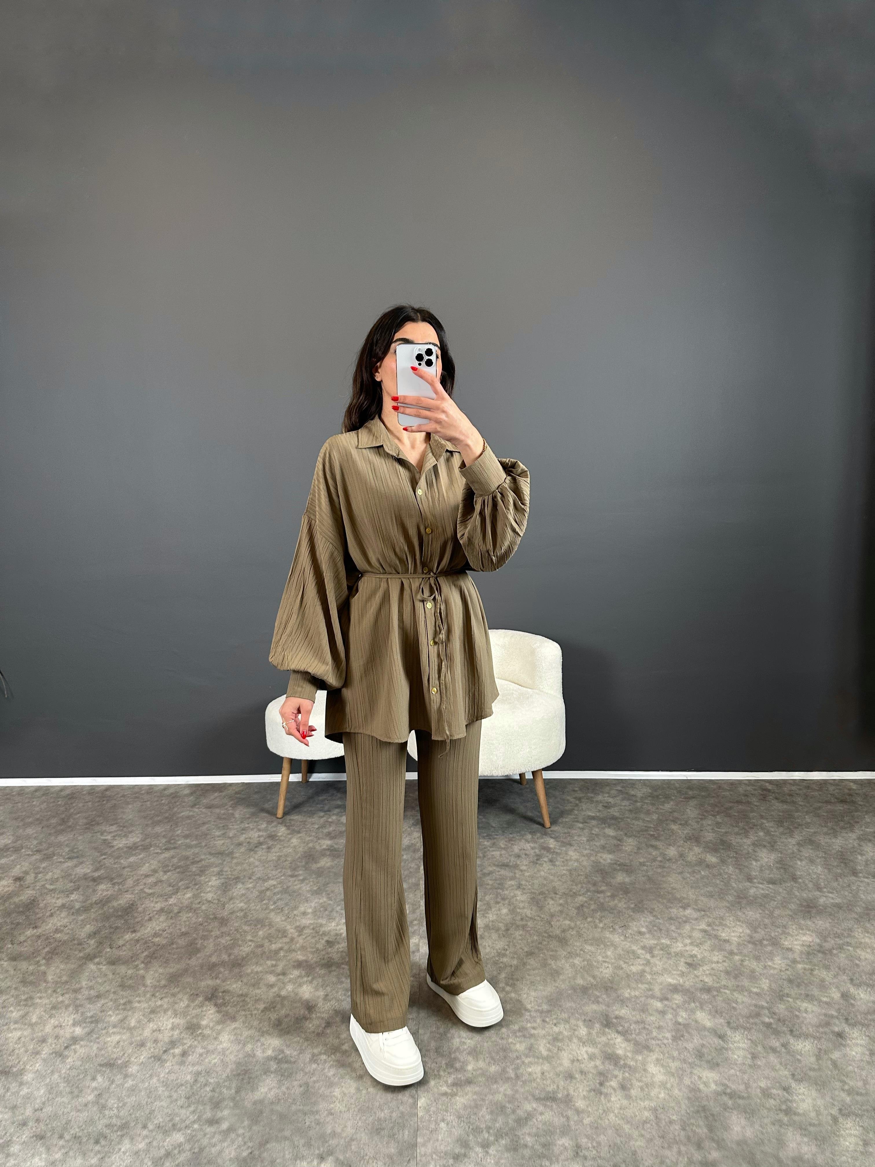 Heidy Soft Yeşil Gofre Kumaş Kemerli İkili TakımGausTAKIMGU004404