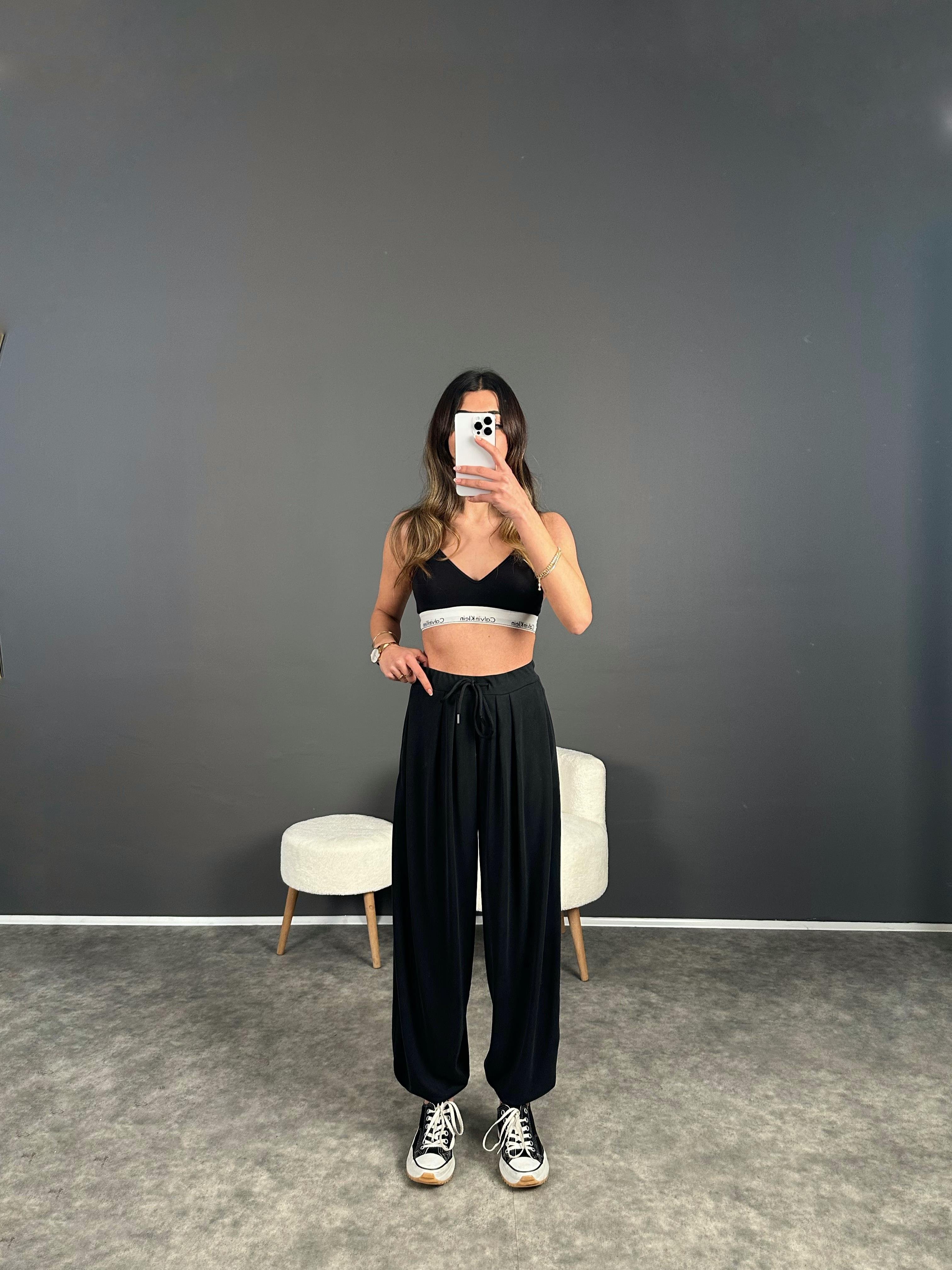 Siyah Modal Kumaş Şalvar Pantolon GausPANTOLONGU004056