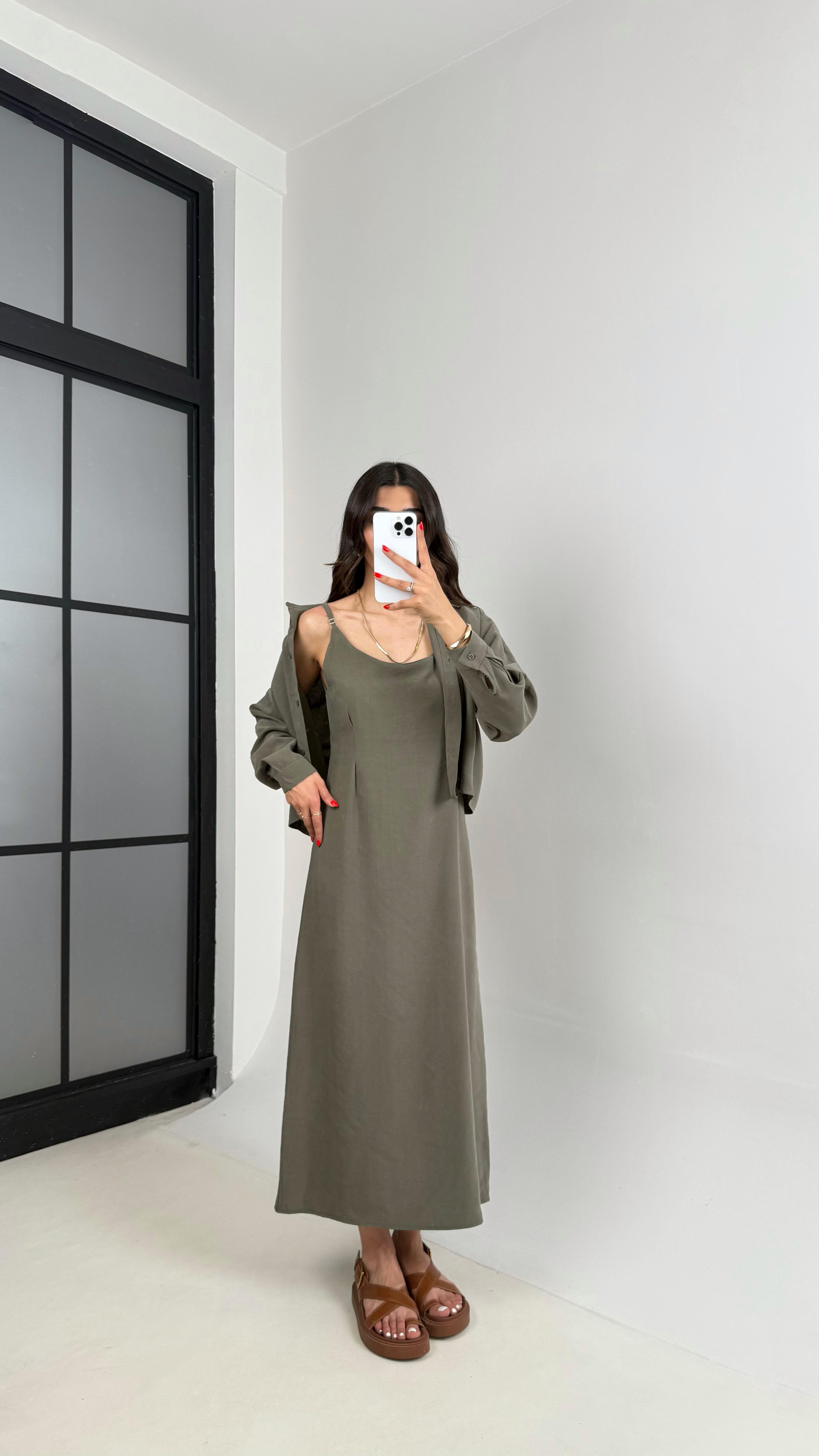 Haki Ayarlanabilir Askılı Elbise Gömlek İkili Tensel Takım Gaus00467GausTAKIMGU1002094