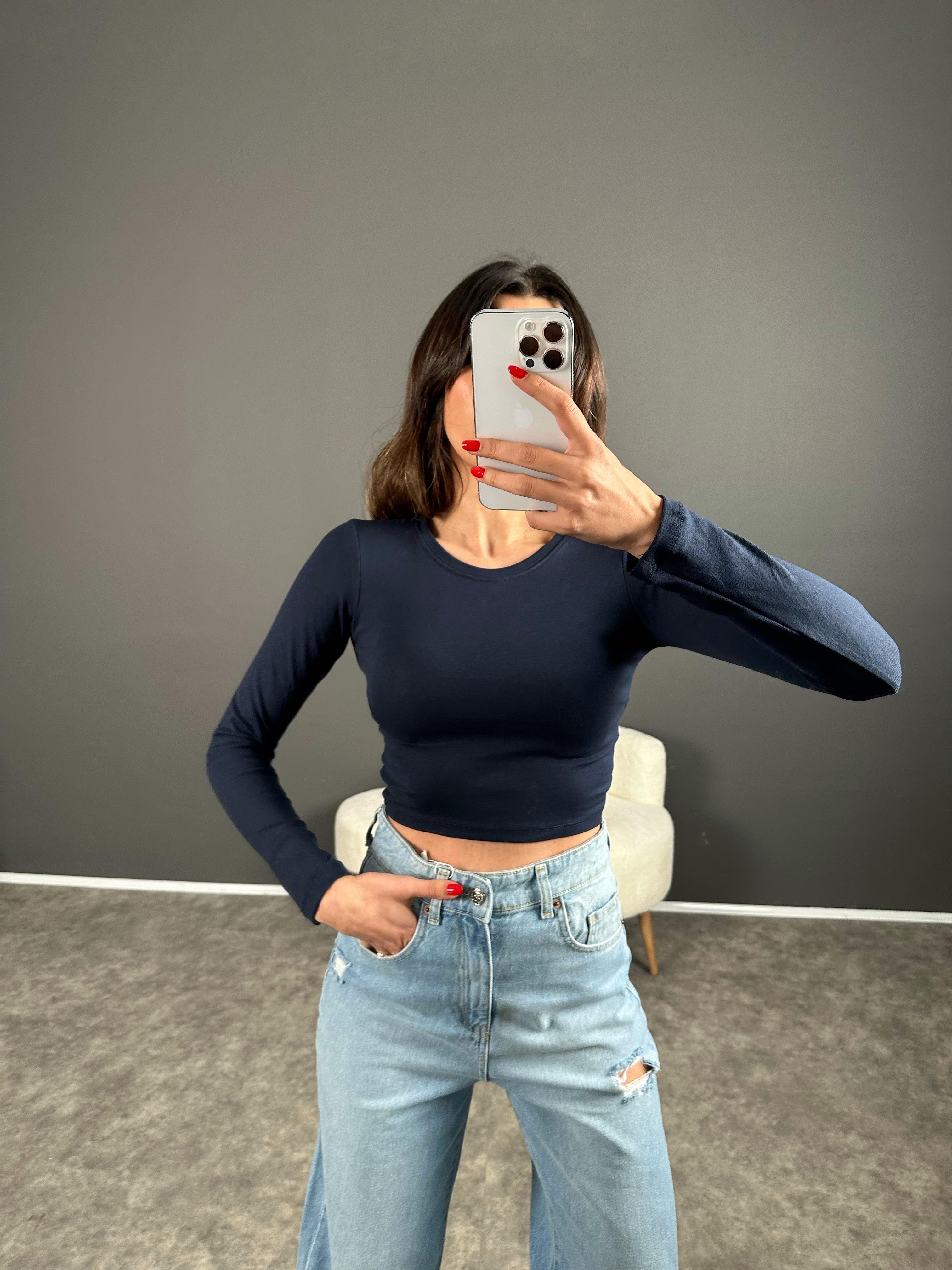 Lacivert ZR Model Basic Uzun Kollu Crop