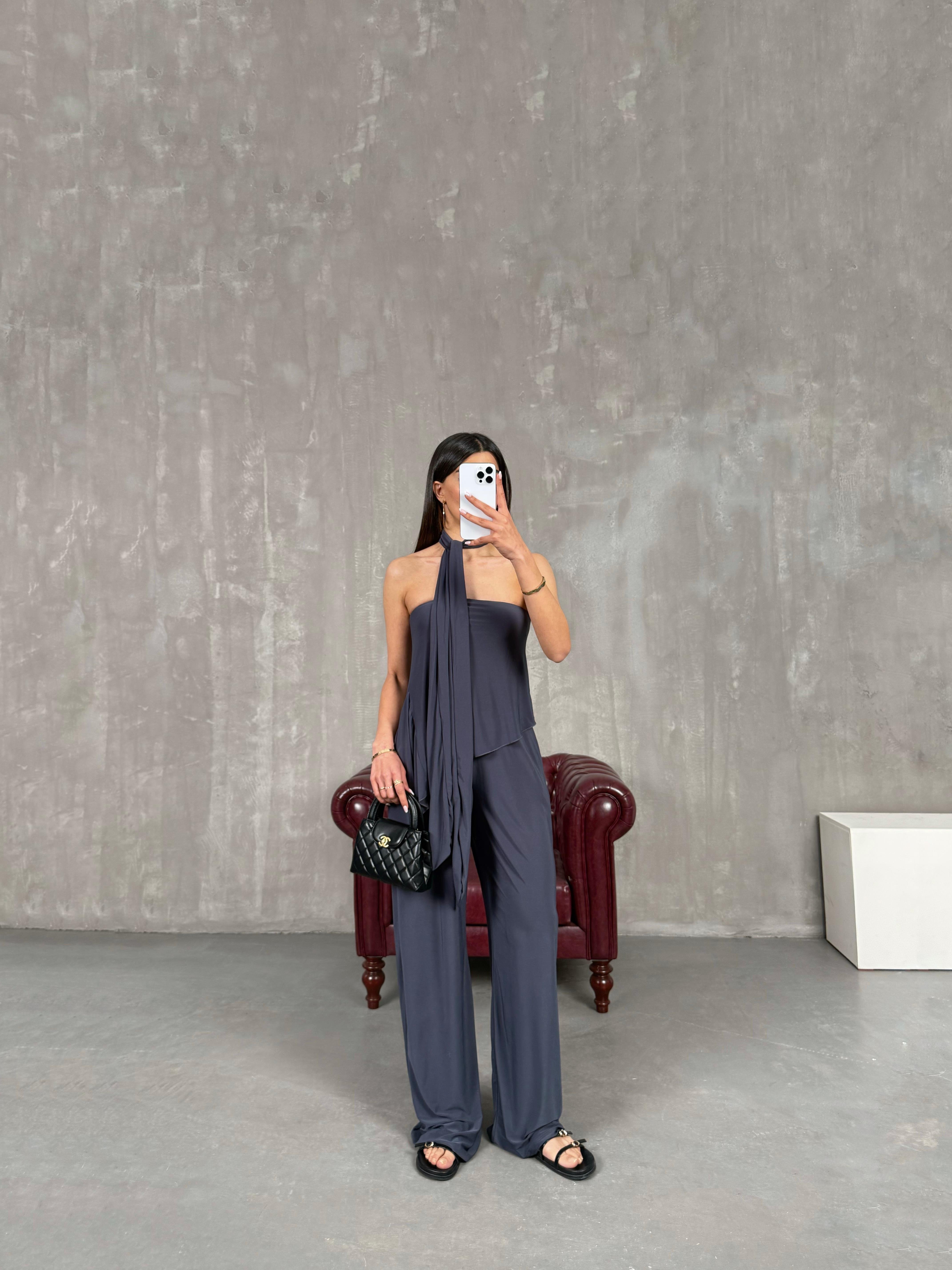 Antrasit Asimetrik Kesim Fularlı İkili Takım Gaus00274GausTAKIMGU1001636