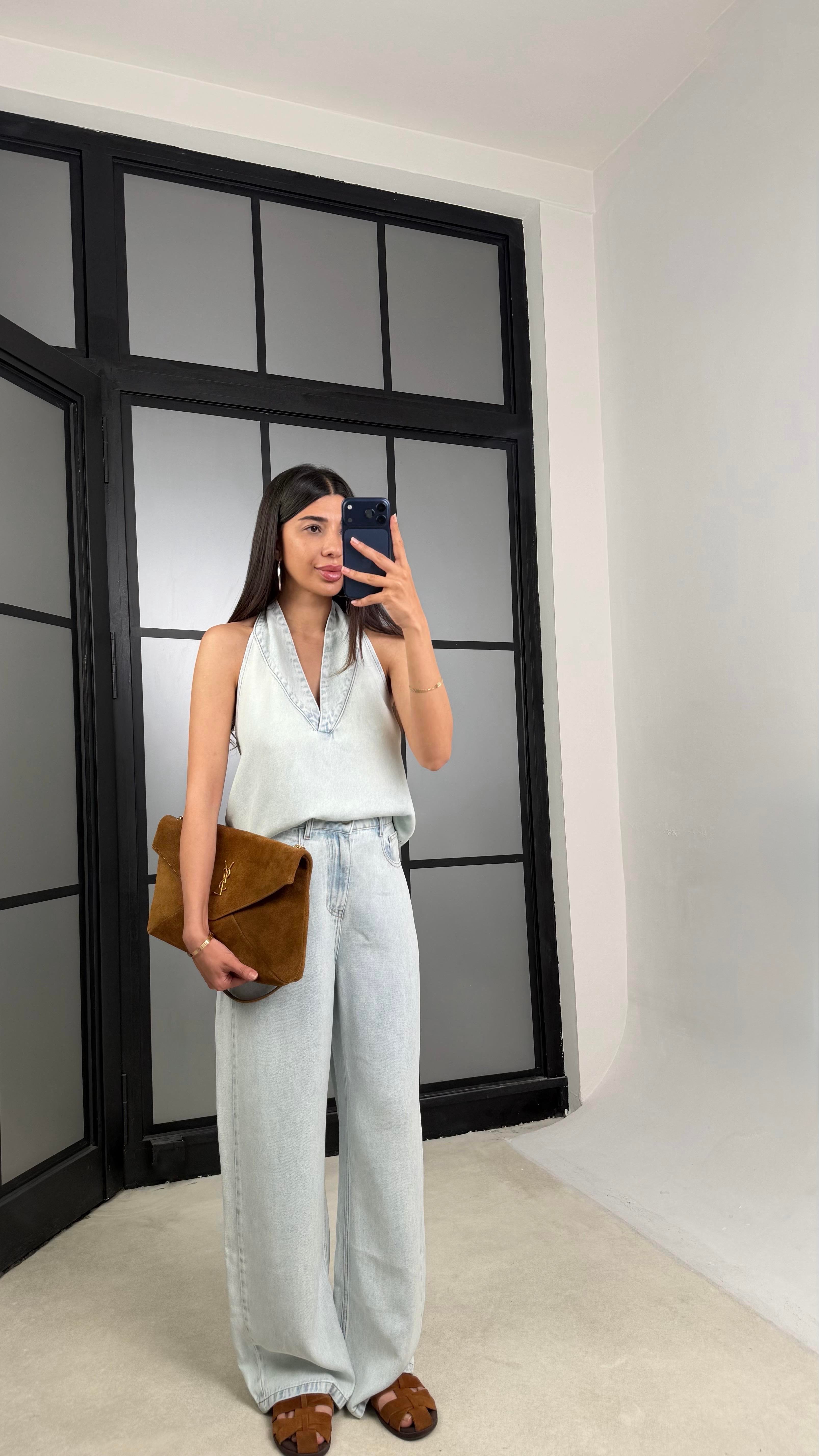 Buz Mavi Halter Yaka Tencel Denim Takım GAUS-01520GAUSTAKIMGAUS-01520