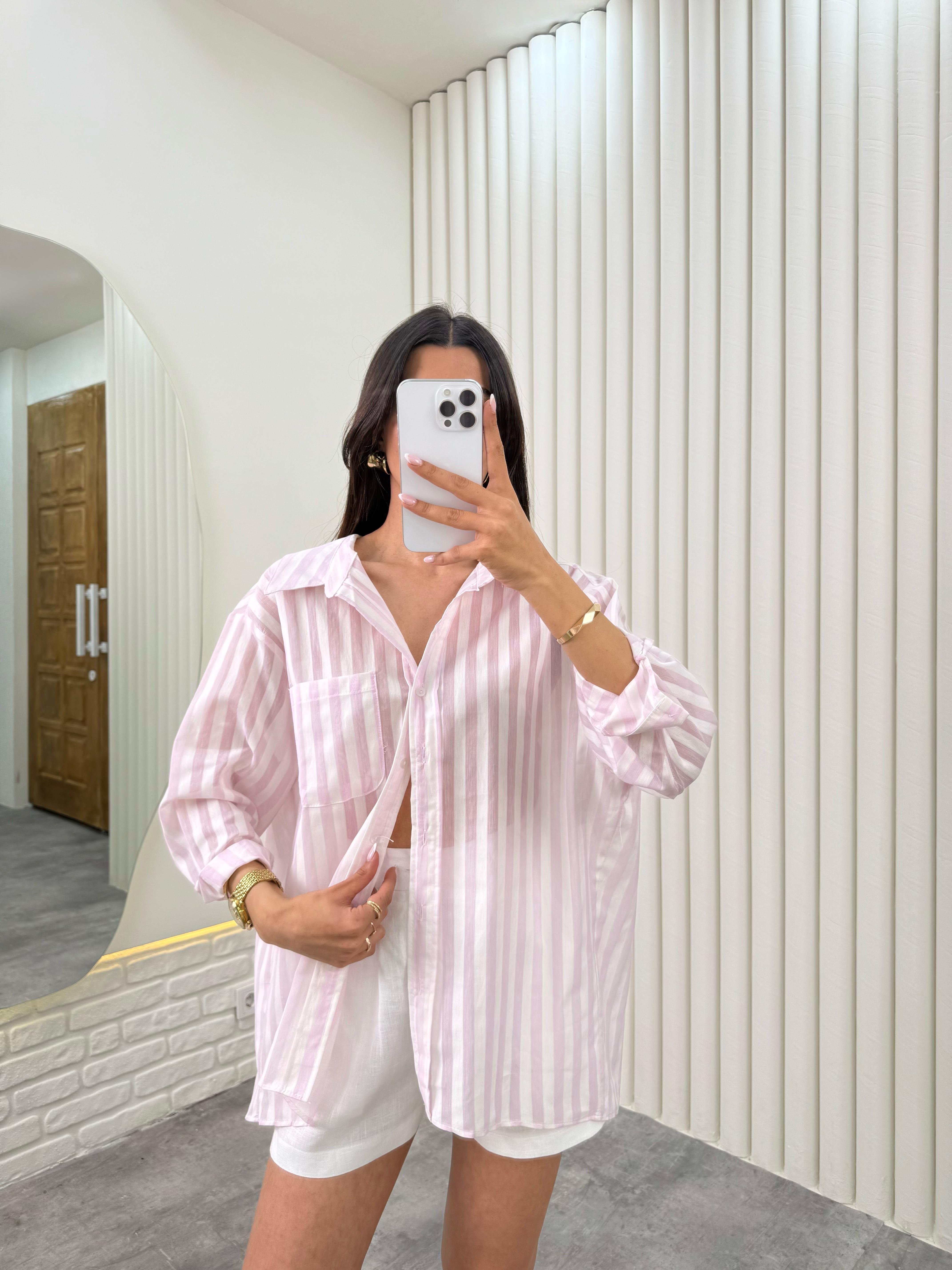 Pembe Çizgili Pamuk Karışımlı Kumaş Gömlek Gaus00324GausGÖMLEKGU1001751