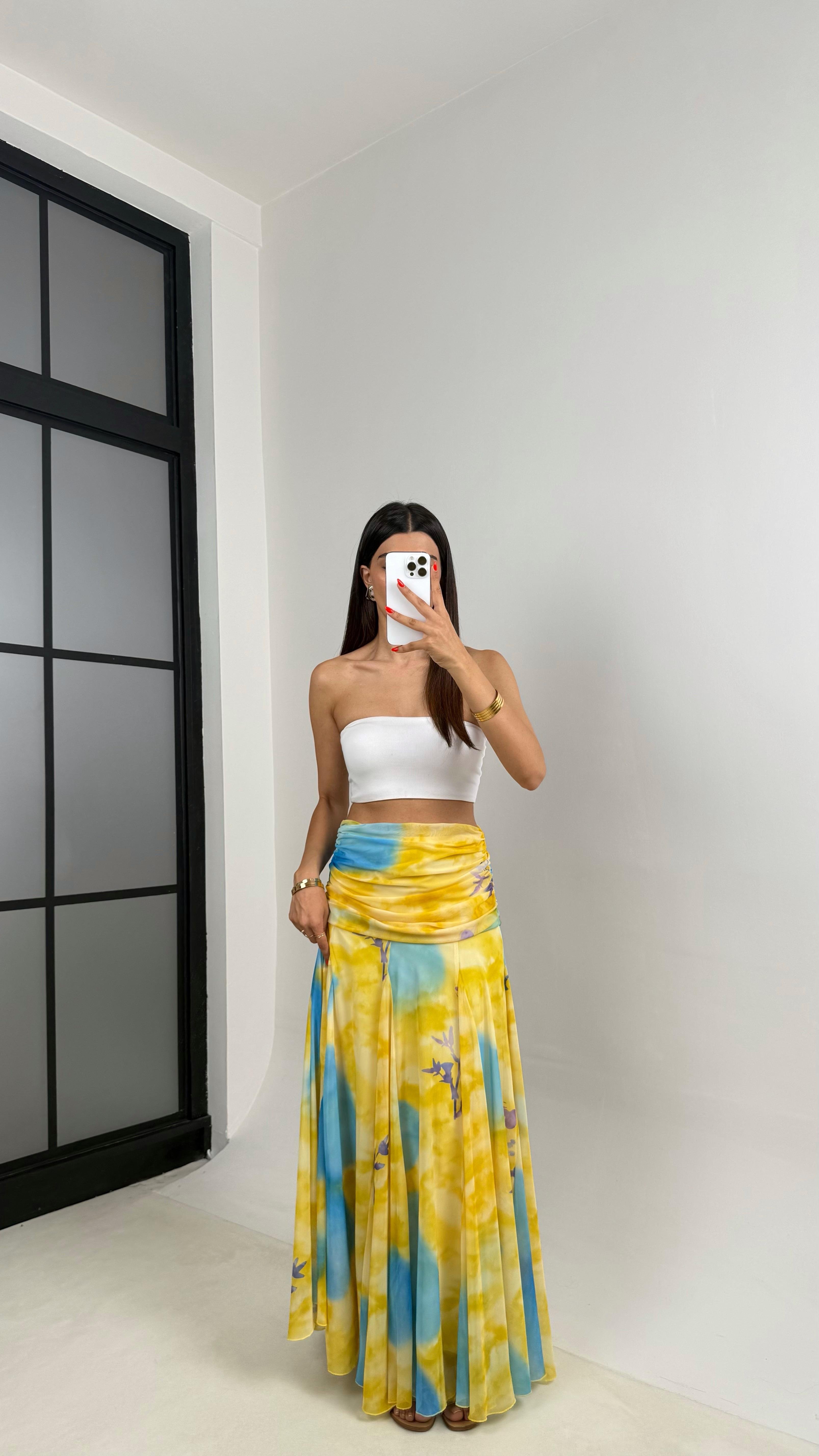 Sarı Çok Renkli Desenli Drape Detaylı Astarlı Şifon Etek GAUS-0023GAUSETEKGAUS-0023