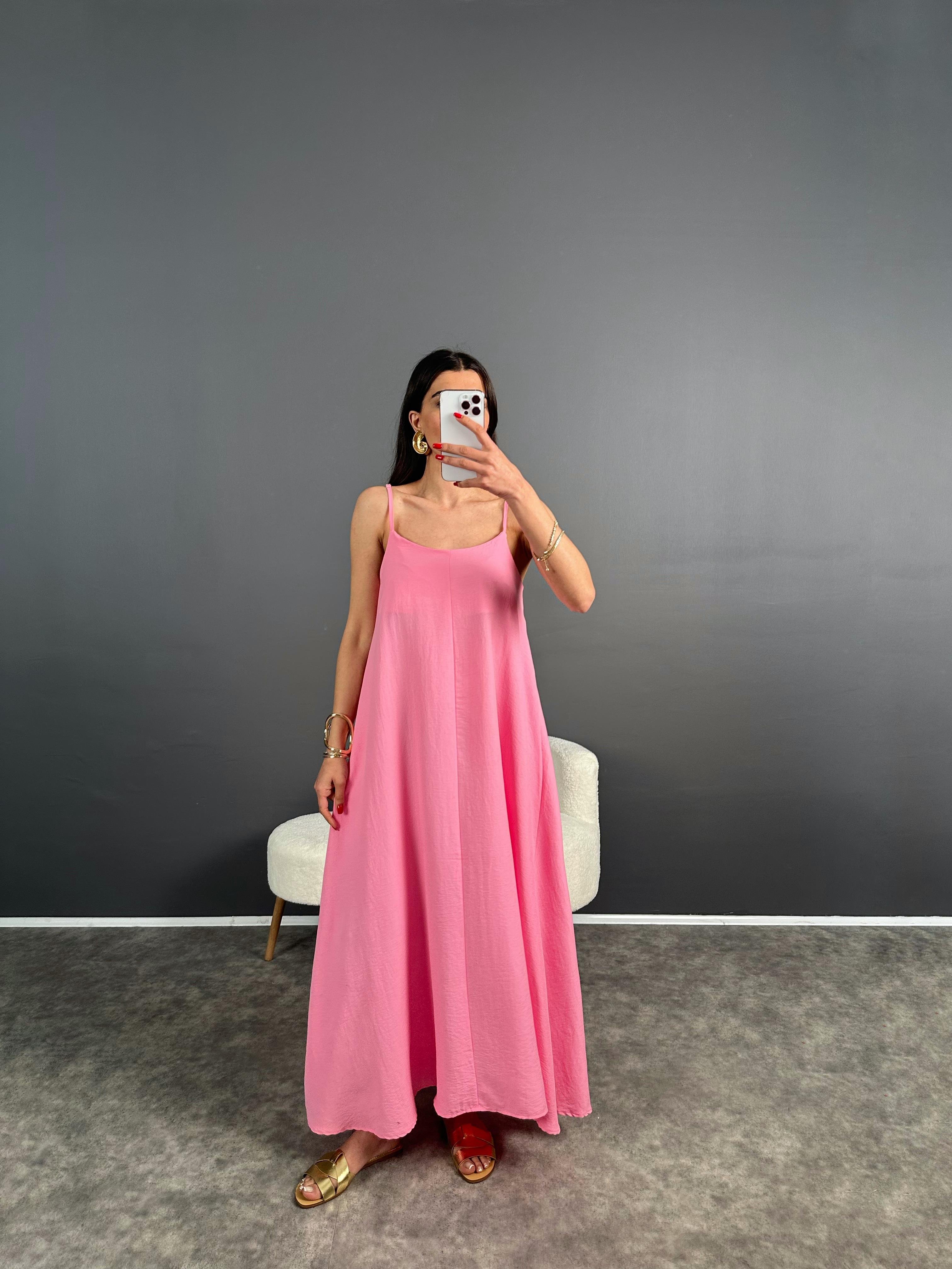 Jamin Pembe İp Askılı Uzun ElbiseGausELBİSEGU007153