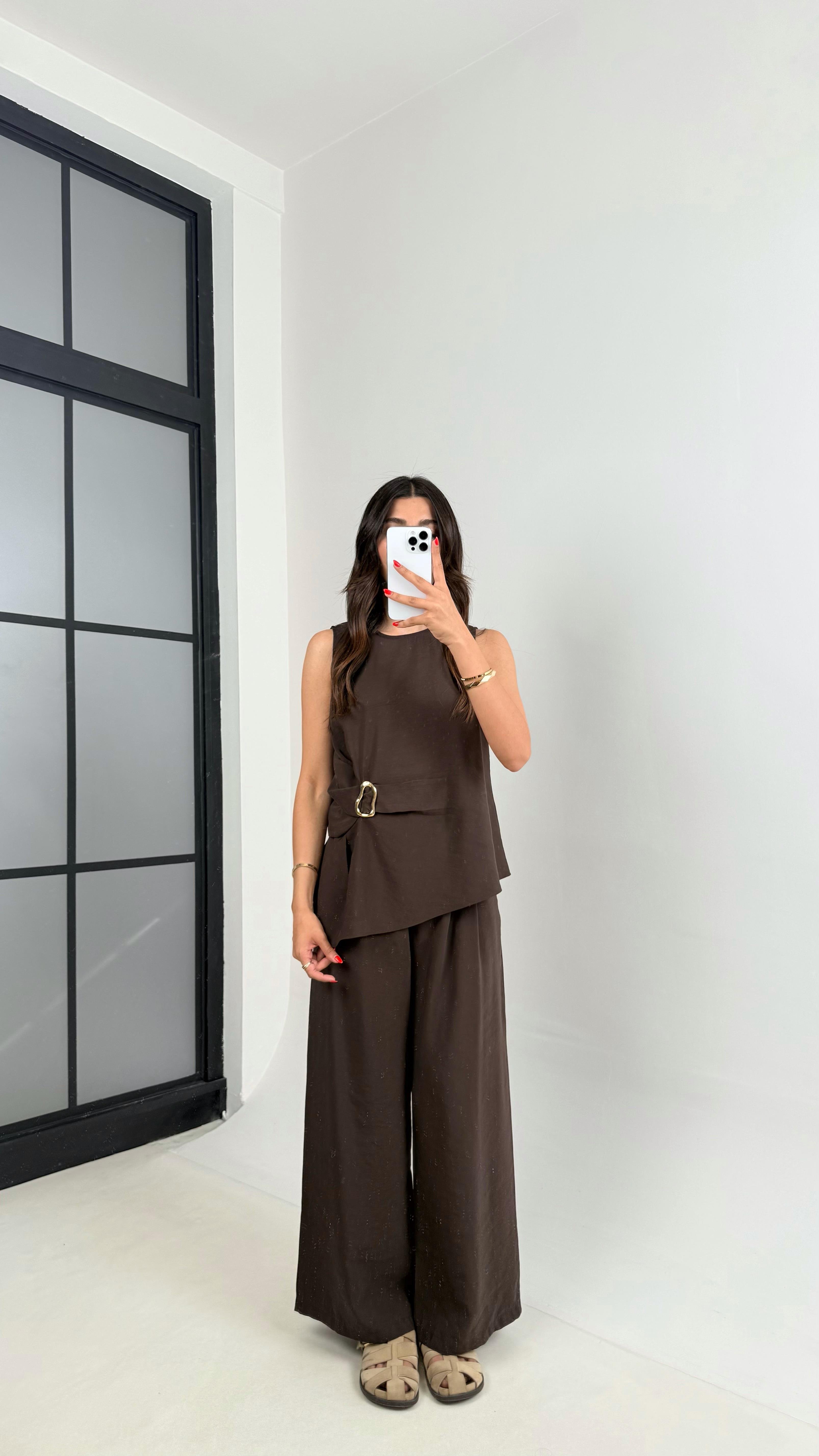 Acı Kahve Gold Detaylı Bluz Balon Pantolon İkili Tencel Takım Gaus00510GausTAKIMGU1002196