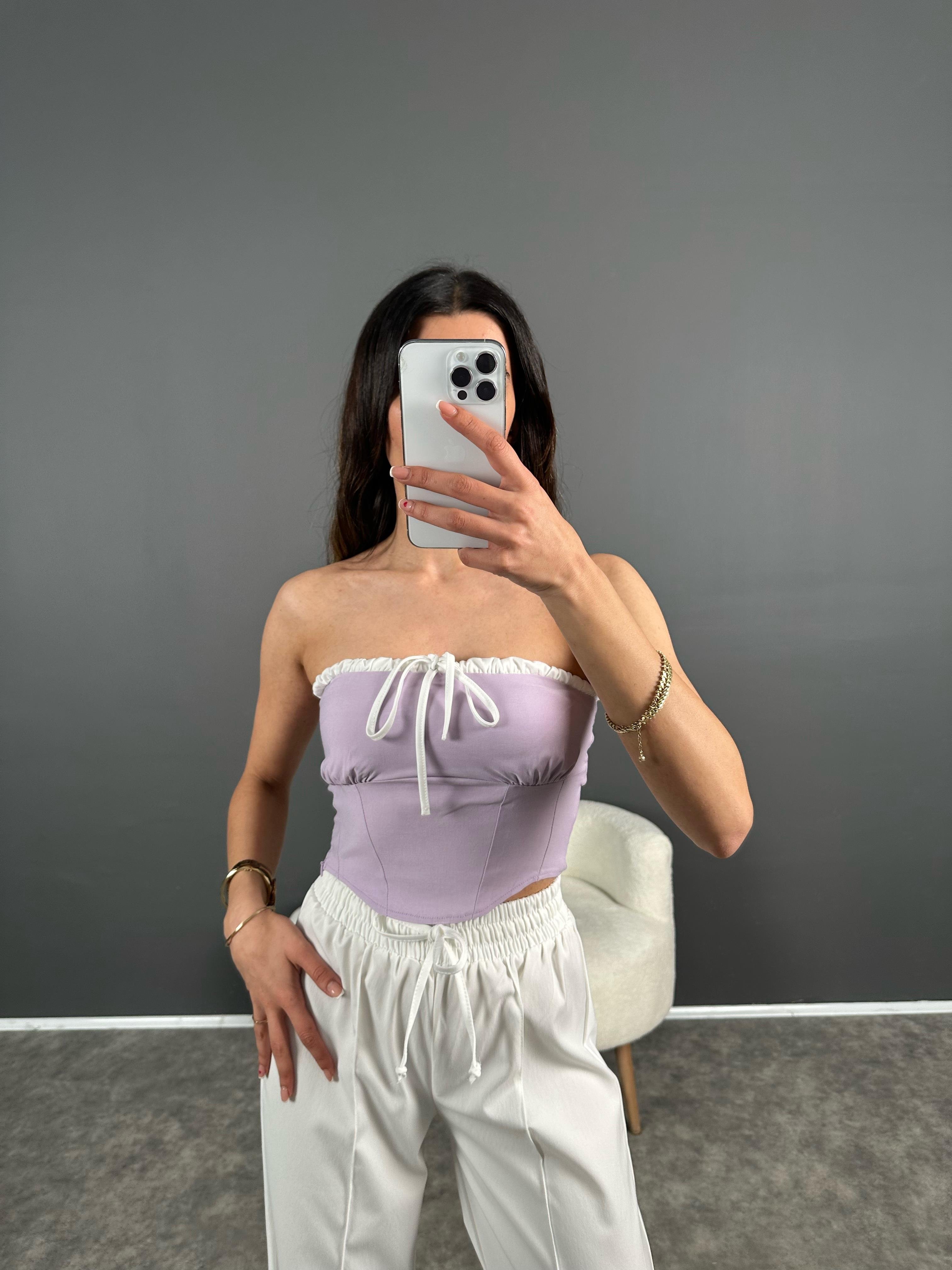 Lila Şeritli Fırfırlı Straplez