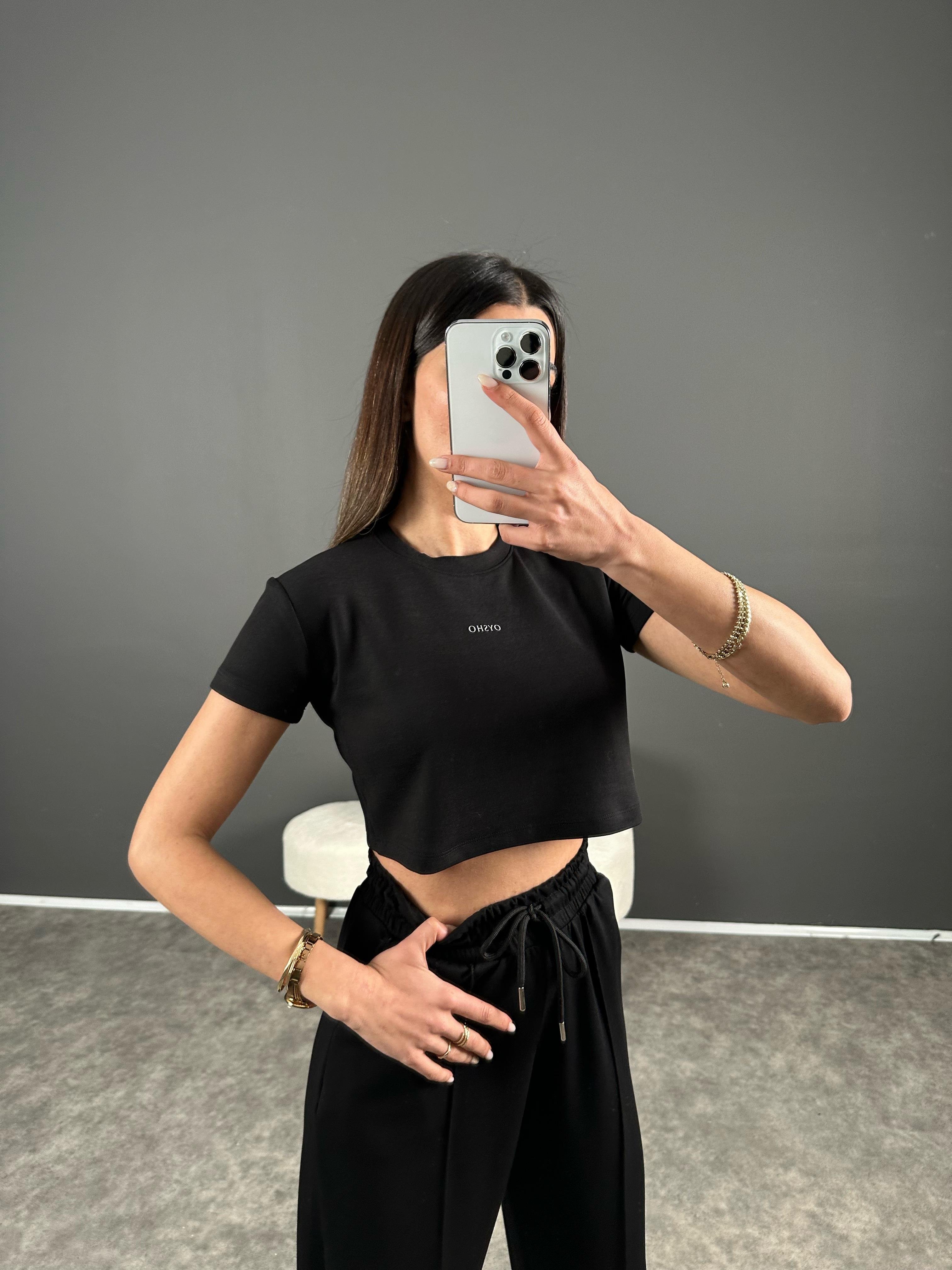 Oysh Siyah Modal Kumaş Baskılı Tshirt