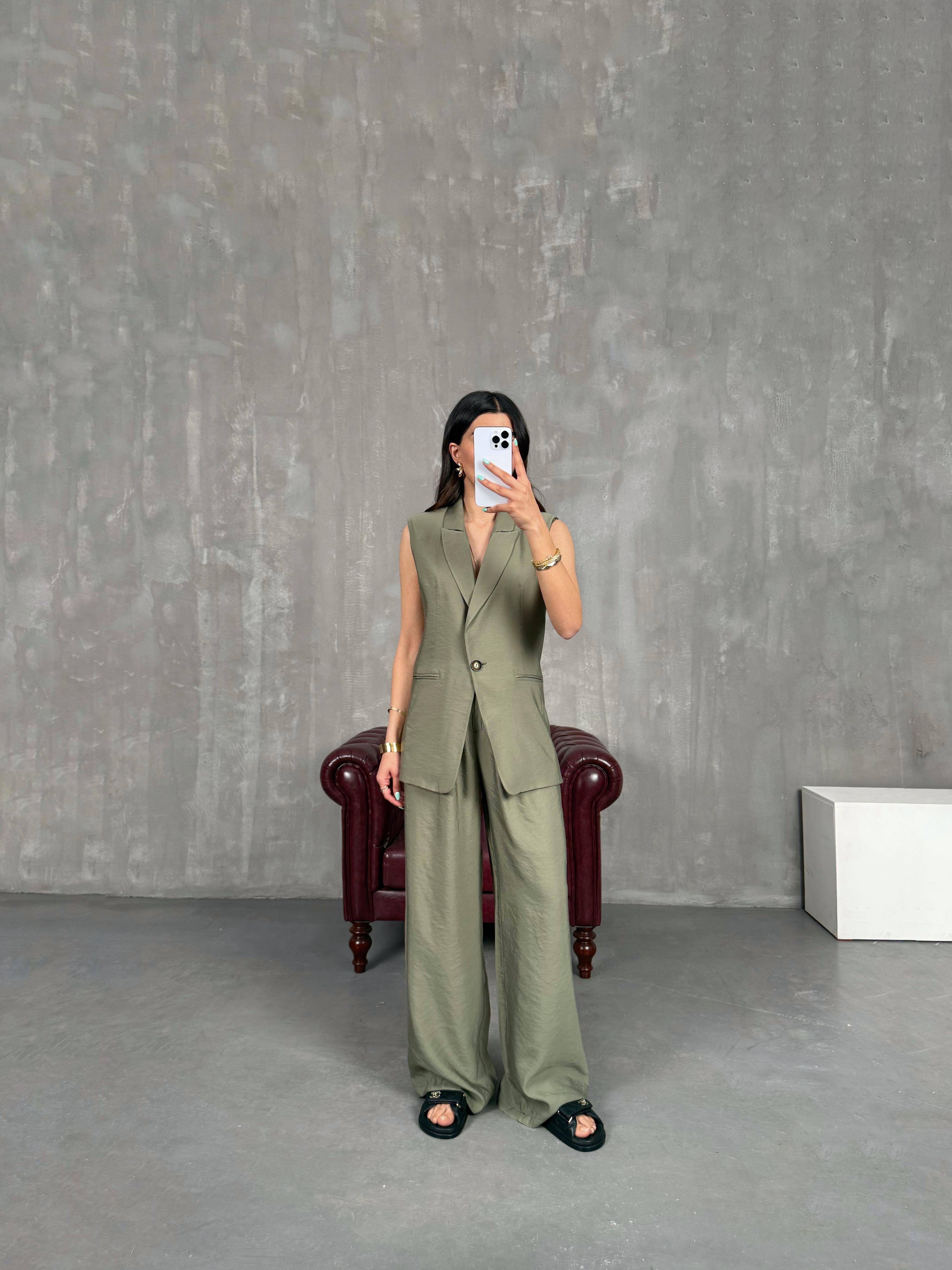 Haki Astarlı Vatkalı Yelekli Beli Lastikli Pantolon İkili Tensel Takım Gaus00233GausTAKIMGU1001537