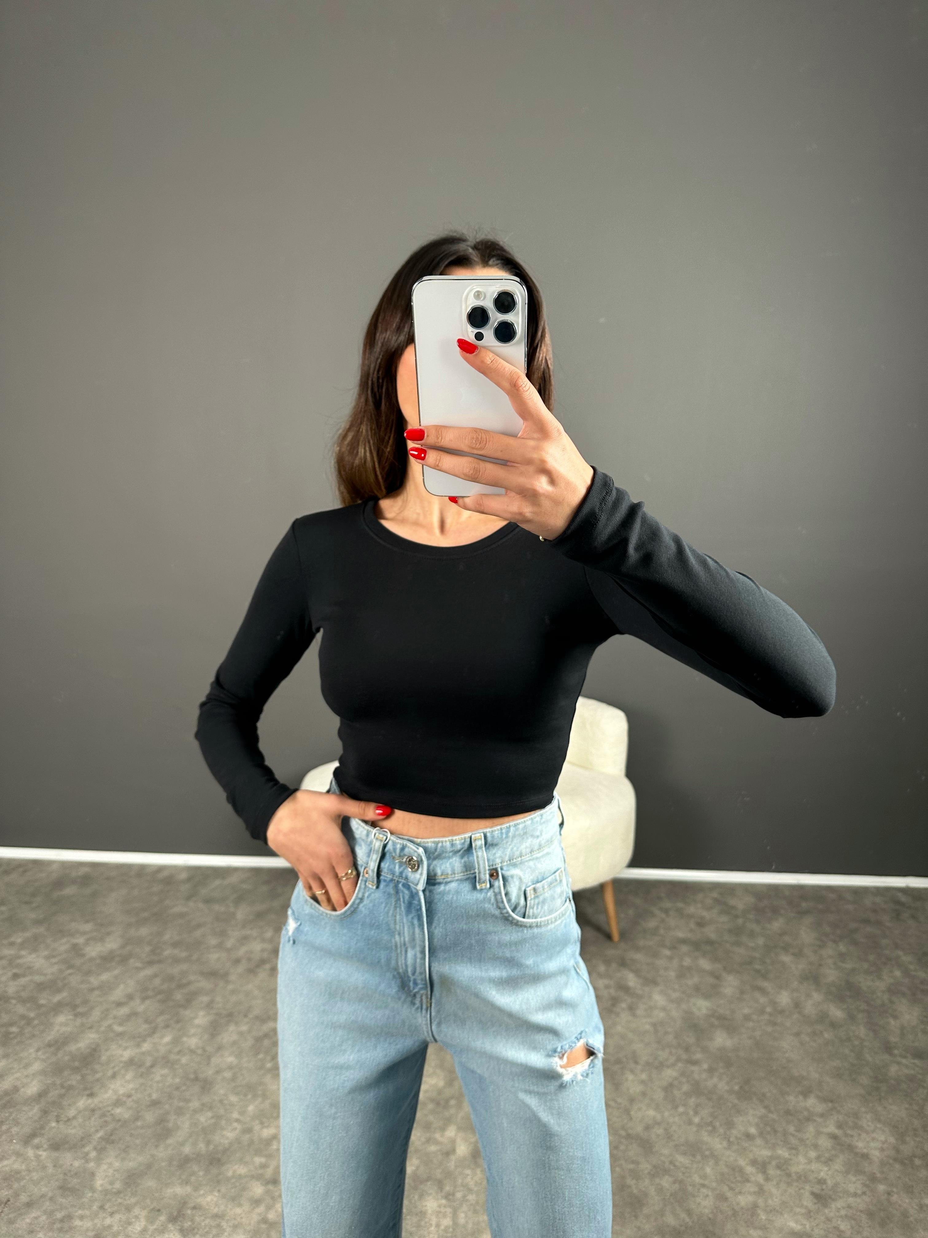 Siyah ZR Model Basic Uzun Kollu Crop