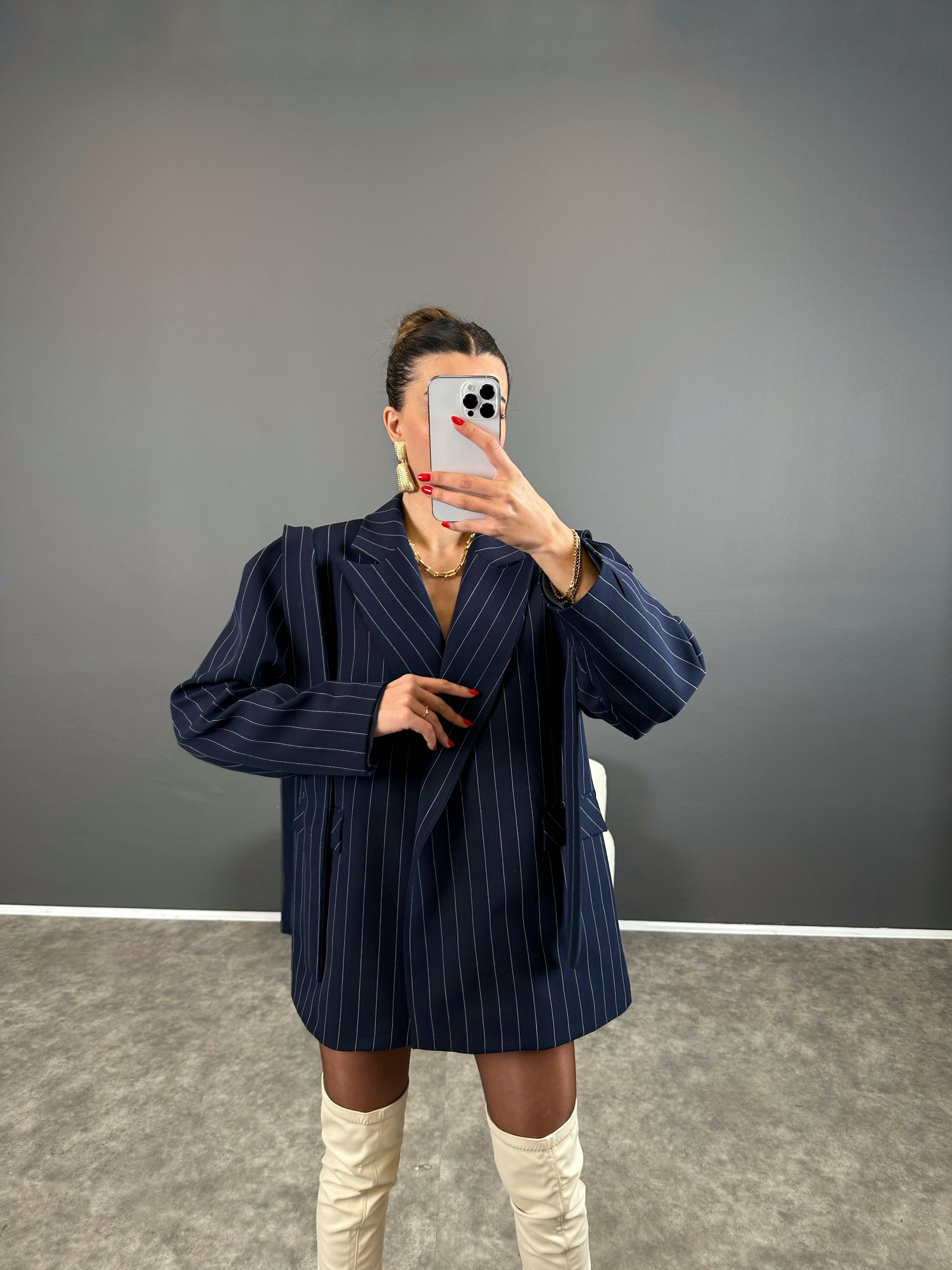 Anis Premium Lacivert Çizgili Bağlamalı Astarlı Blazer Ceket