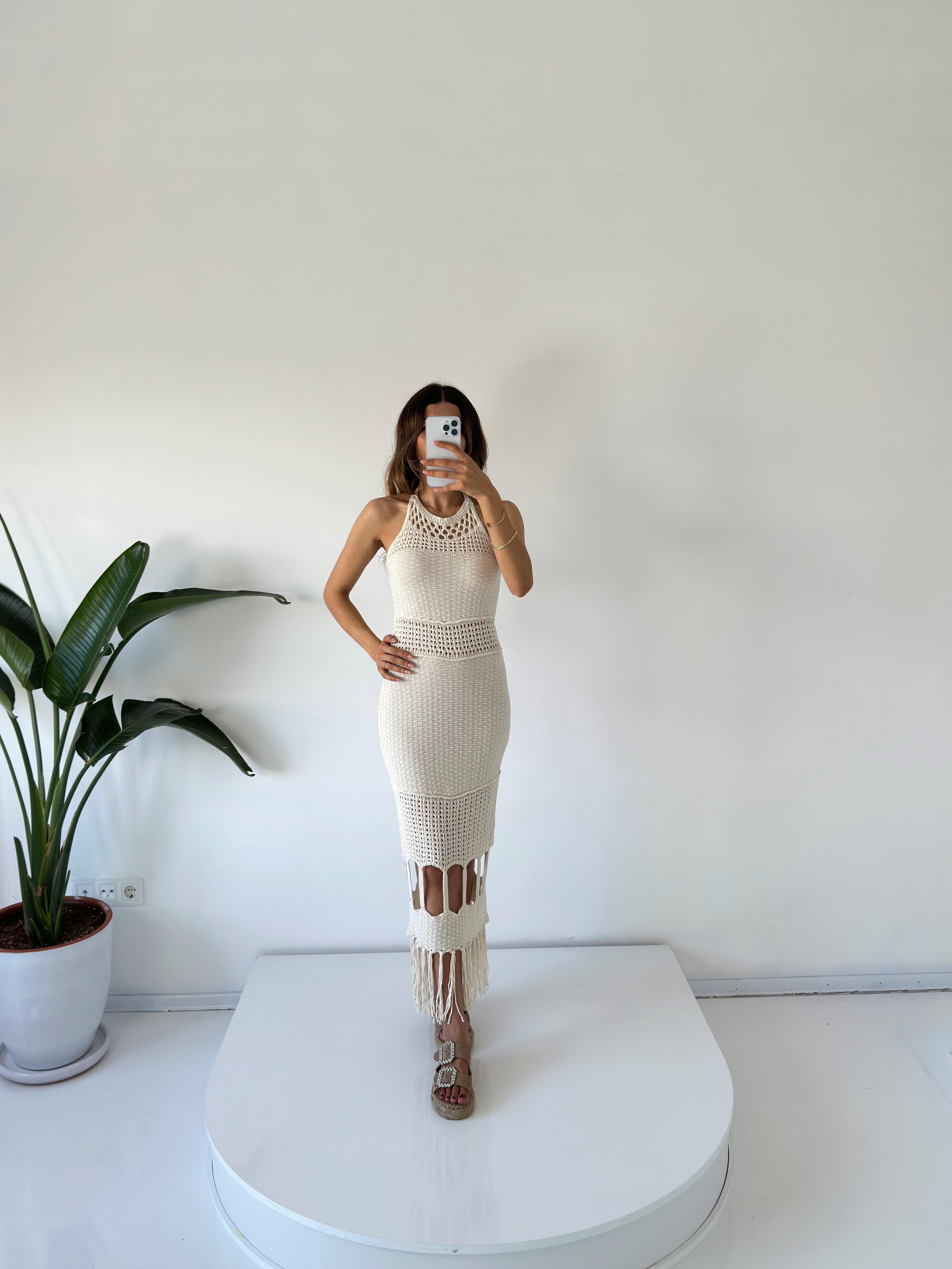 Bej Ajurlu Triko Elbise GausELBİSEGU001604