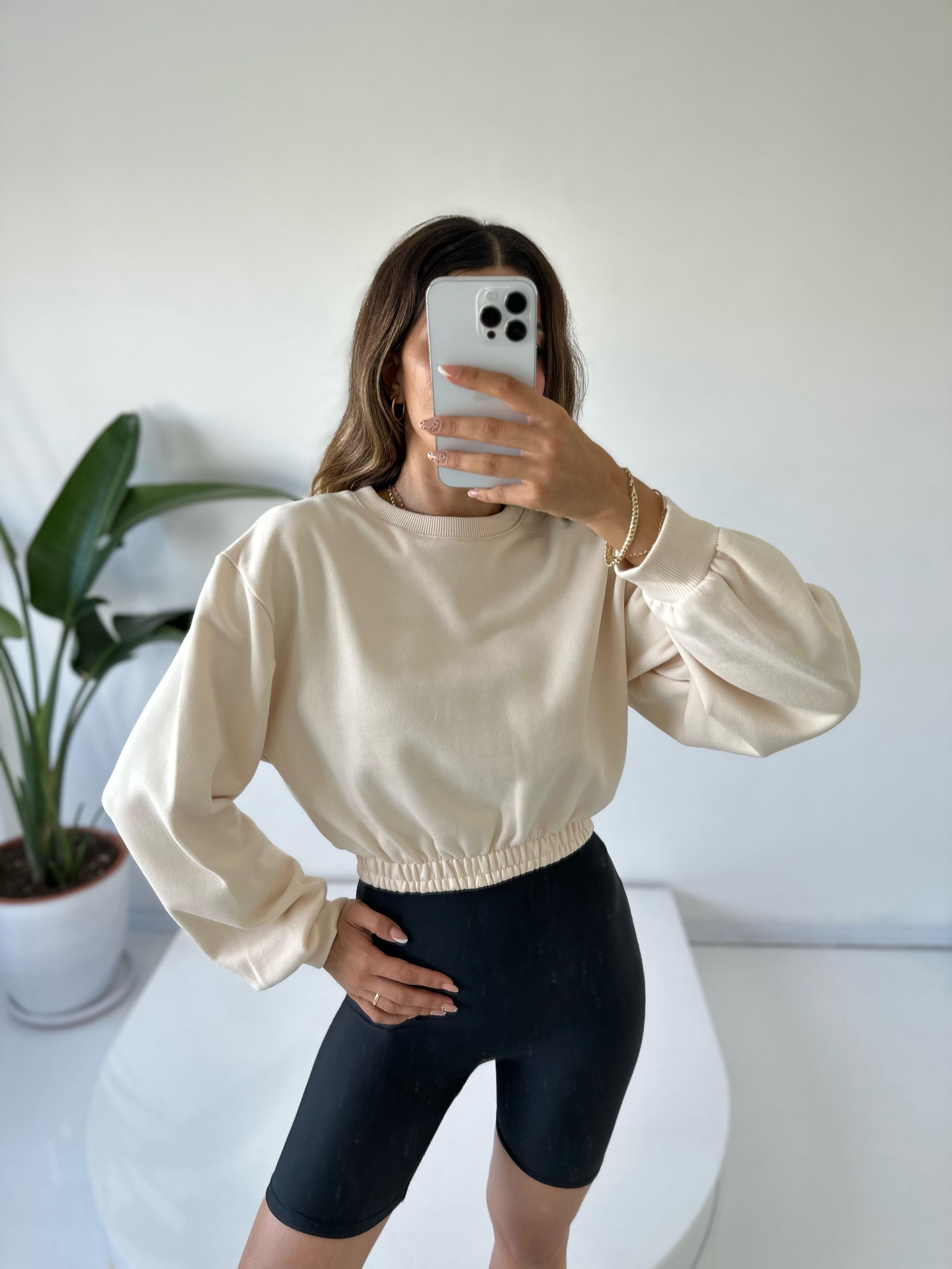 Bej Bisiklet Yaka Crop SweatGausSWEATSHIRTGU001797