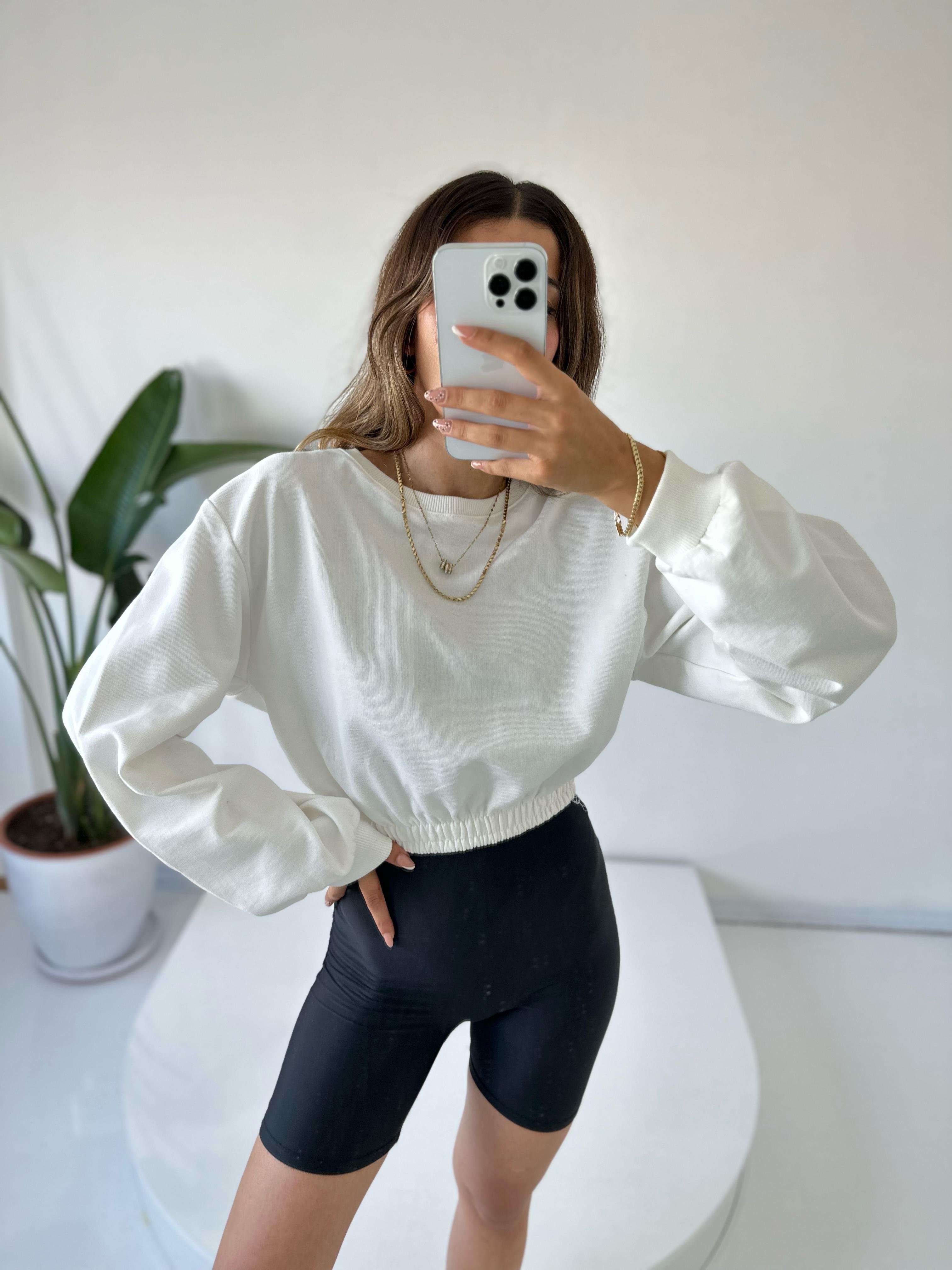 Beyaz Bisiklet Yaka Crop SweatGausSWEATSHIRTGU001795