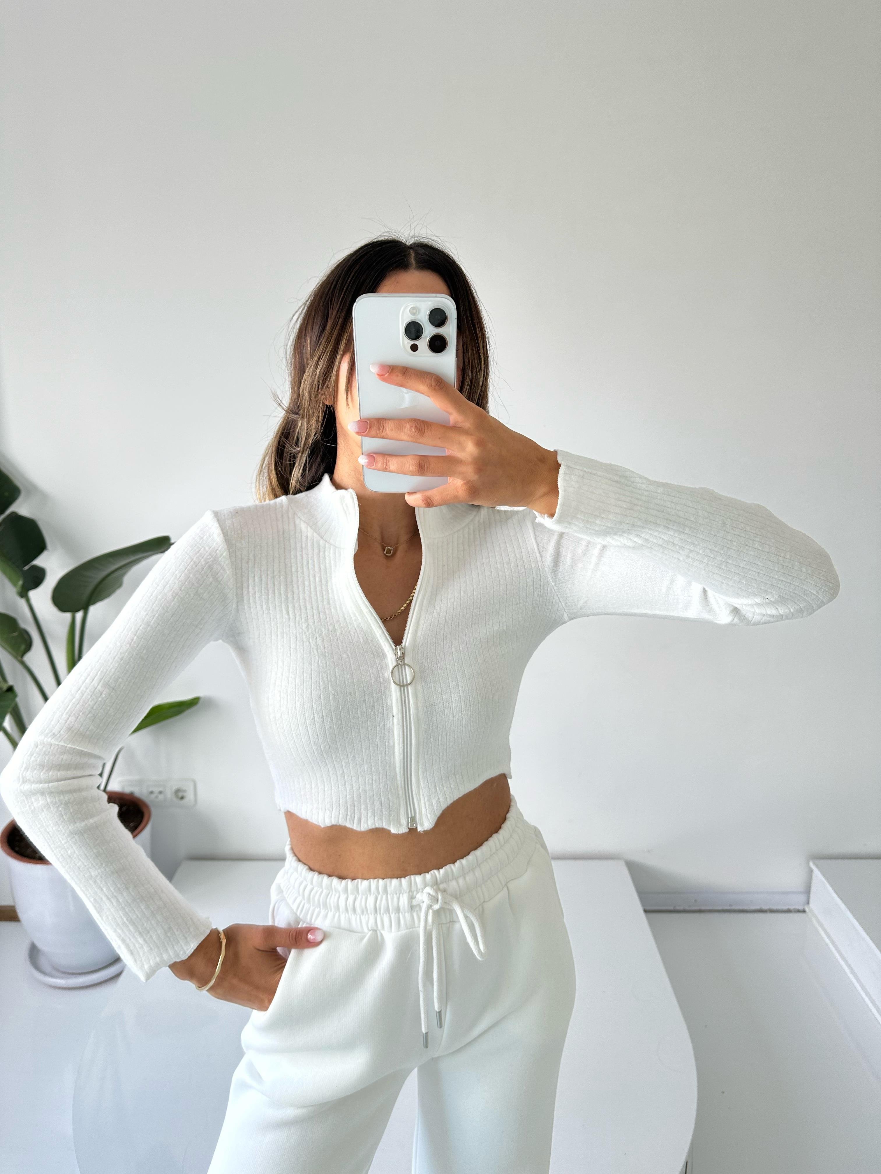 Beyaz Fermuarlı Yumuşak Fitilli Crop