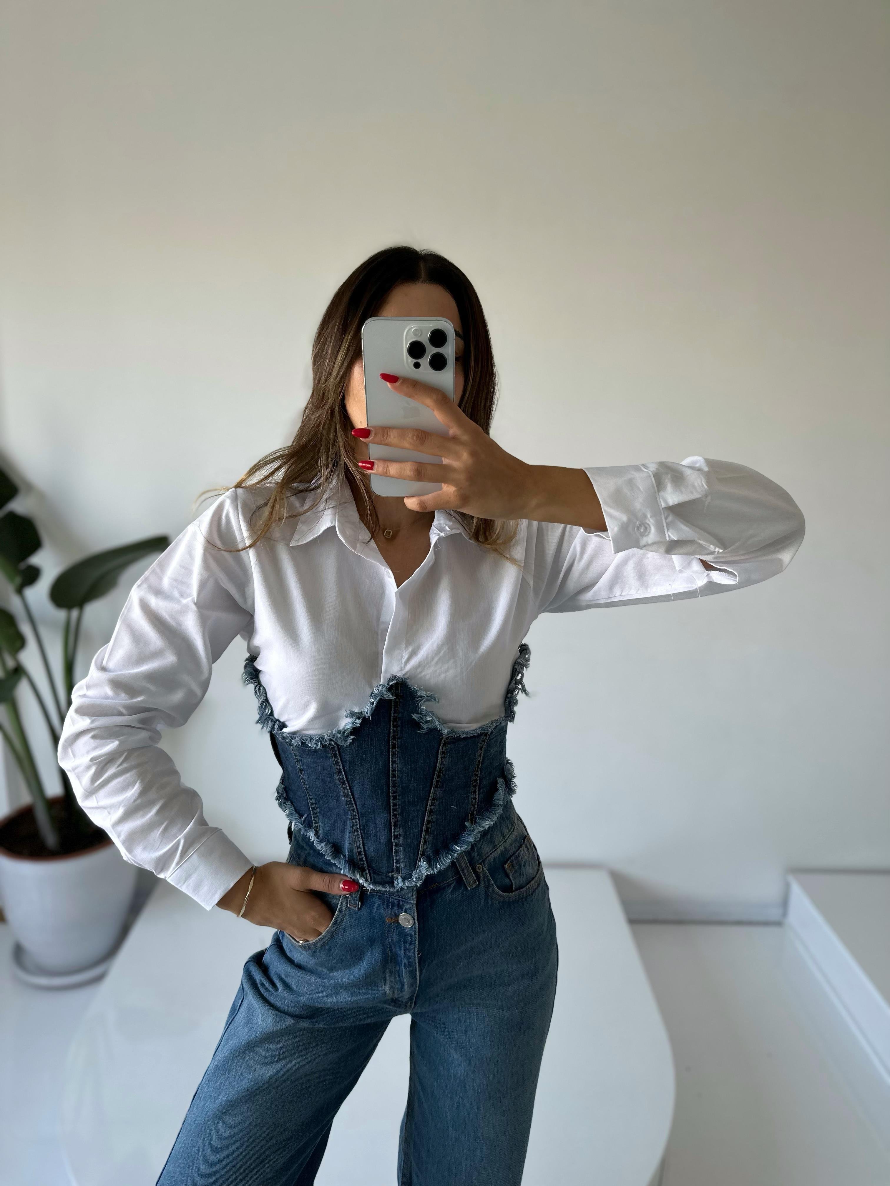 Beyaz Jean Korseli Gömlek 